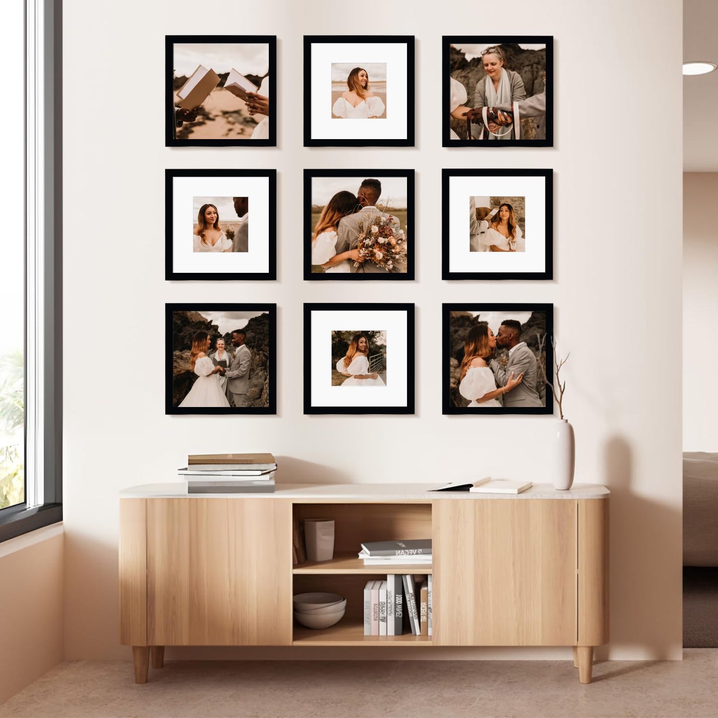 BSRHOME 12x12 Picture Frame Set of 9, Display Pictures 8x8 with Mat or 12x12 without Mat, Multi Collage Gallery Square Photo Frames for Wall or Tabletop, Black