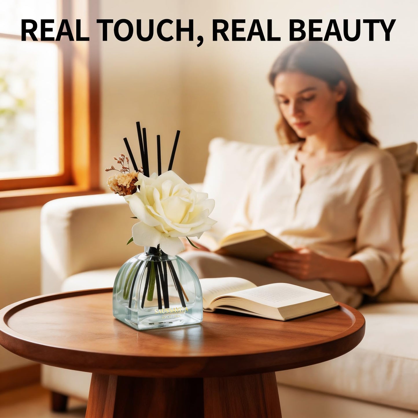Reed Diffusers Set Flower Scented Diffuser for 140 Days, Flower Diffuser 8.5 fl oz with Dried Flowers and Decorative Rose, Long Lasting Home Fragrance with 10 Sticks for Bathroom, Shelf, Office Decor