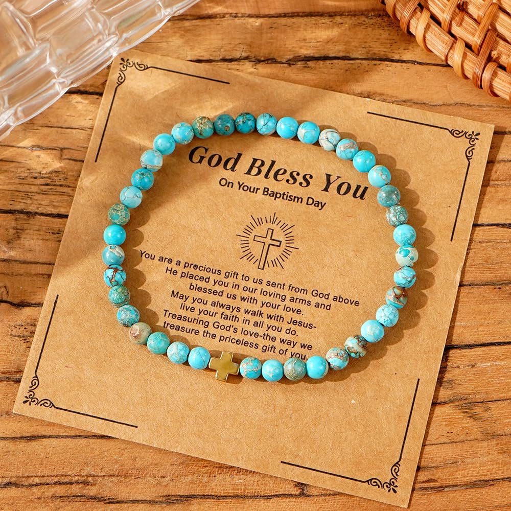 SHINUS BOHO Dainty Cross Healing Crystal Beaded Stretch Bracelet for Women,Handmade Bohemian Powful Turquoise Stones Claming Bracelet Trendy Birthday Christian Catholic Jewelry Gift Sister Friendship