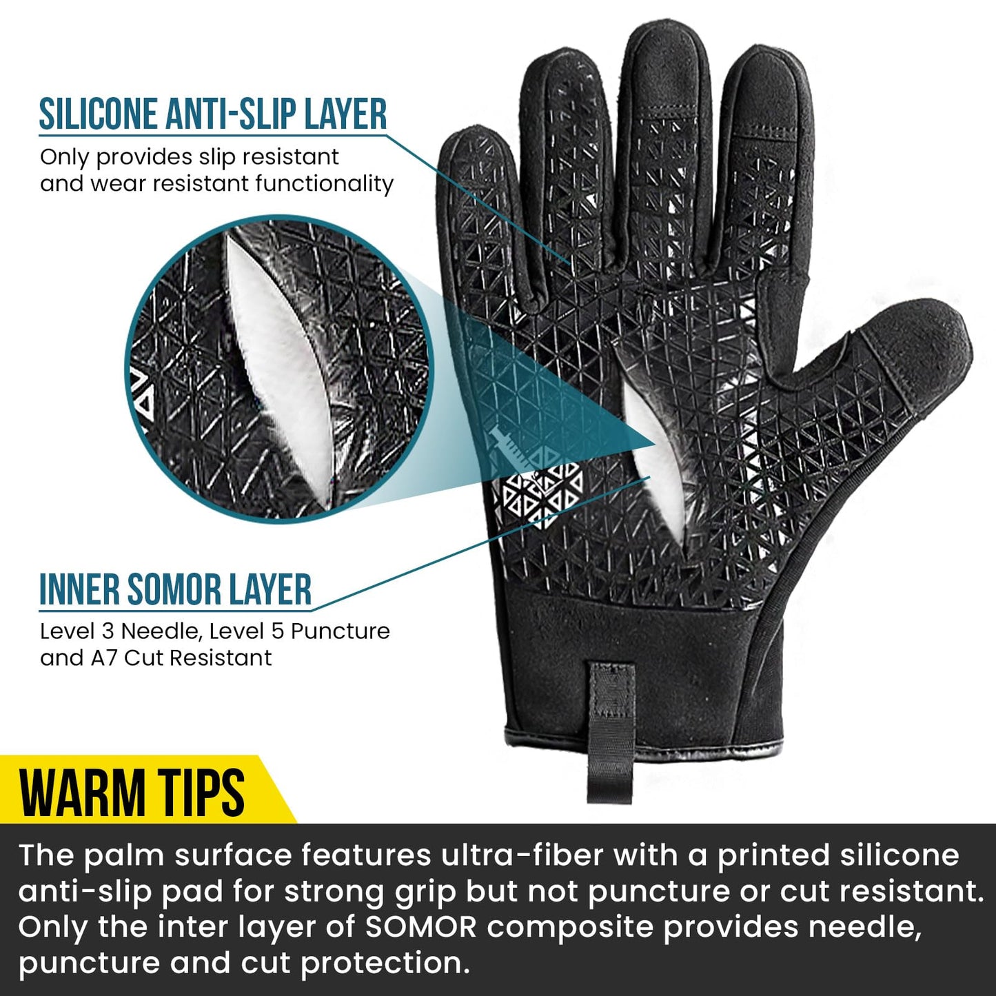TAILI Level 3 Needle, Level 5 Puncture Resistant Men Work Gloves, Grip Enhanced A7 Cut Resistant Safety Gloves, Touchscreen and Breathable, Black, Large (L), 1 Pair