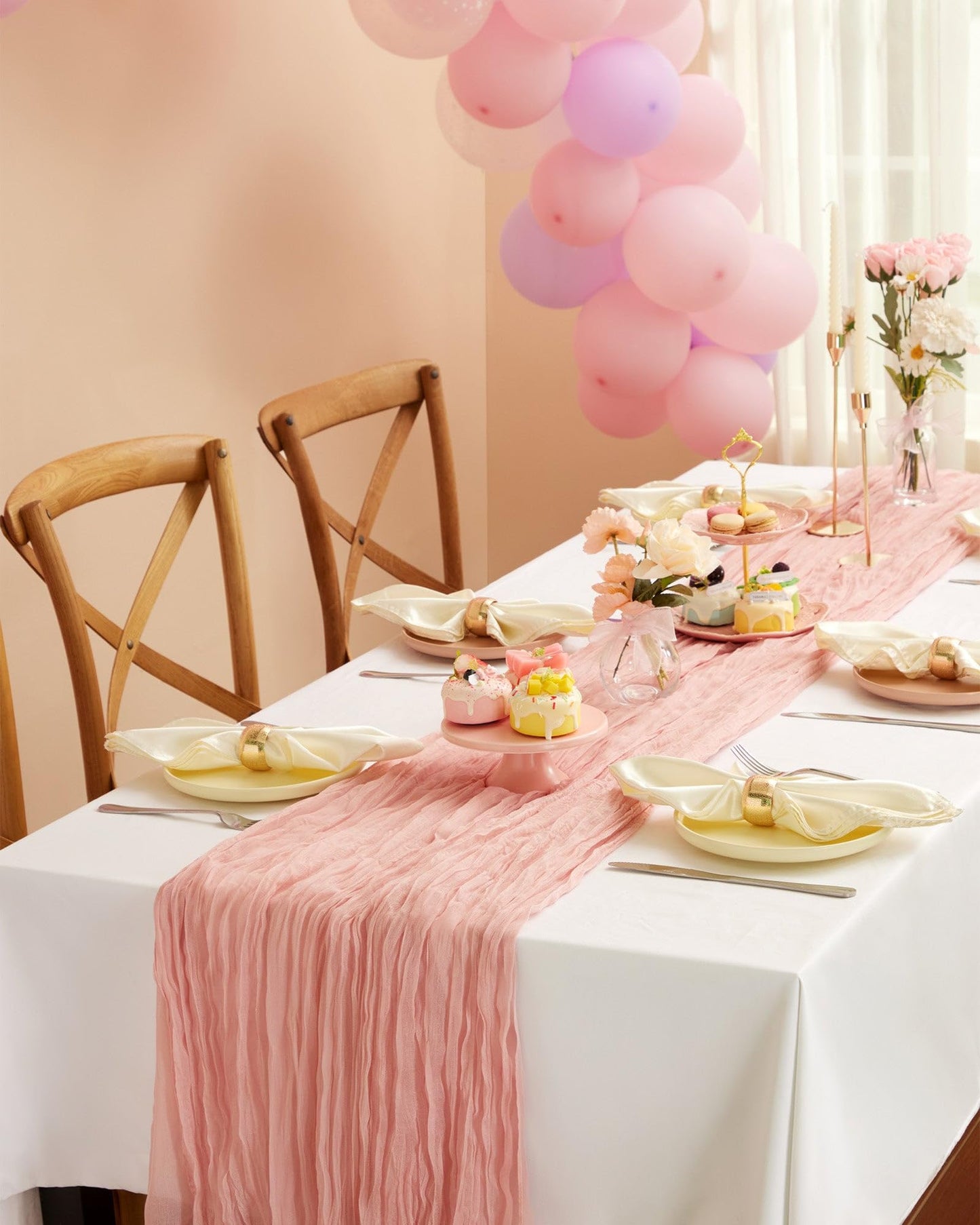 Pureegg 2-Pack Cheesecloth Table Runner, 120'' Easter Spring Boho Gauze Table Cloth Decorations for Party, Baby Shower, Wedding and Farmhouse, Fabric Room Decor, Dusty Pink