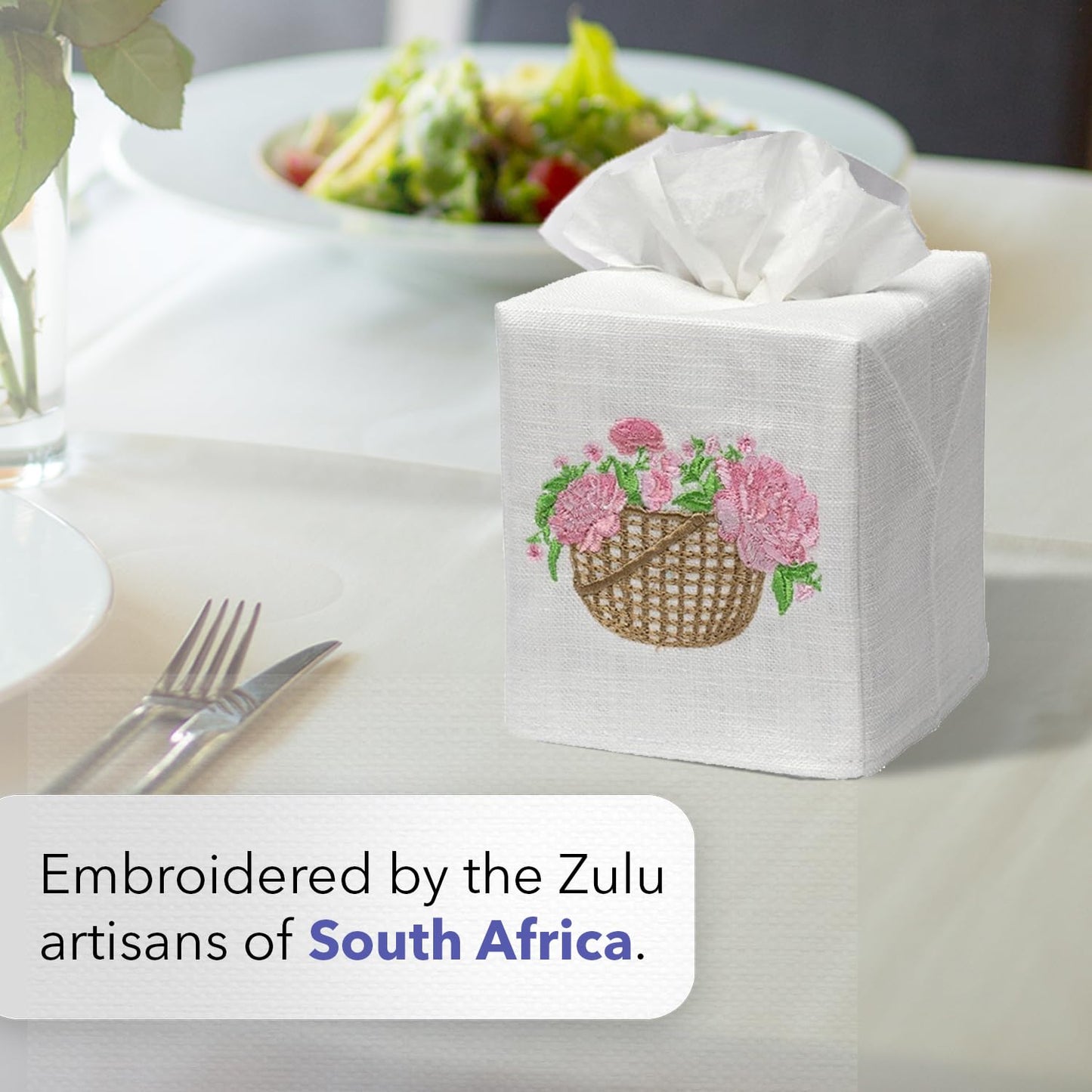 Jacaranda Living Square Tissue Box Cover, Linen/Cotton Fabric Tissue Holder, Decorative Cloth Tissue Cube Cover, Scrolls Design Amalfi Scroll, Blue