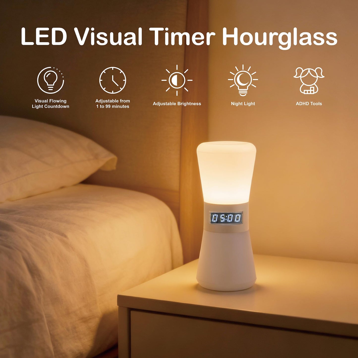 LED Visual Timer & Digital Hourglass, Rechargeable ADHD Timer for Kids and Adults, 1-99 Mins Adjustable Countdown Timer with Flowing Light, Portable Electronic Sand Timer for Classroom, Home