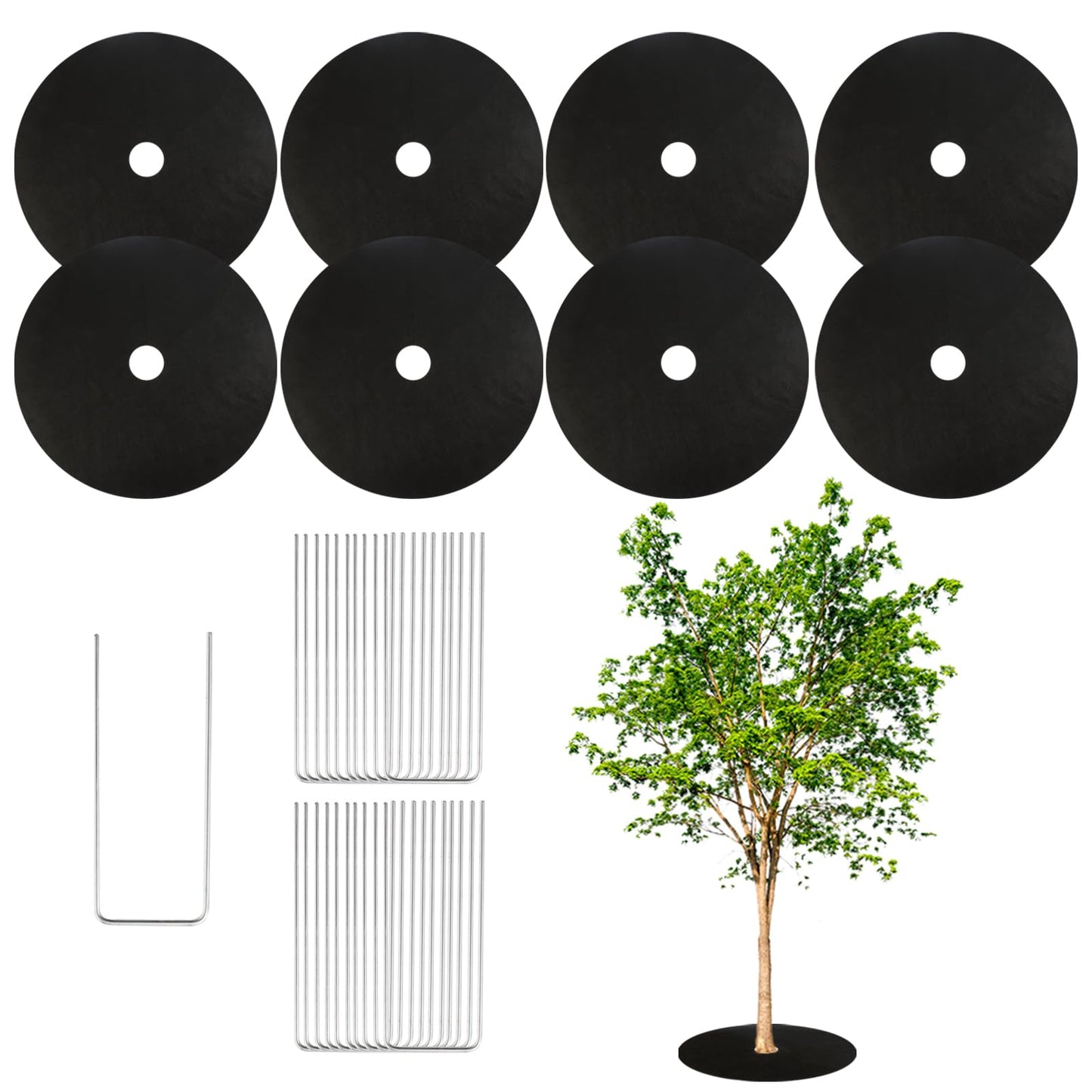 Tezhile 8 Pack Non-Woven Tree Mulch Ring 20.5 Inch, Round Mulch Ring Tree Protector Mat with 20 Garden Stakes, Reusable Heavy Duty Weed Barrier Fabric for Weed Control Root Protection