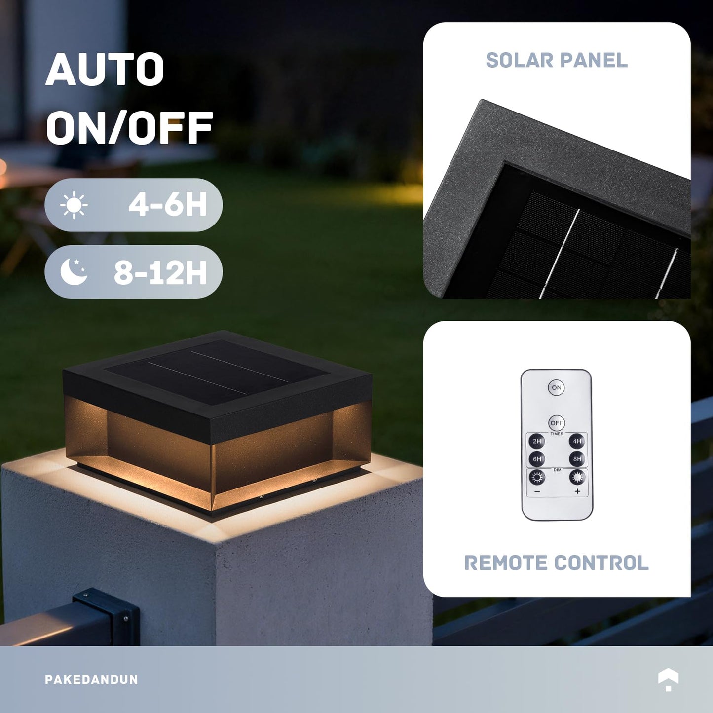 PAKEDANDUN Outdoor Solar Post Light, 11.81" Square Pillar Column Lights Solar Powered, Modern Fence Post Lamp Outside Lights Waterproof, 3000K Luxury LED Solar Lantern for Patio Gate Garden Decoration