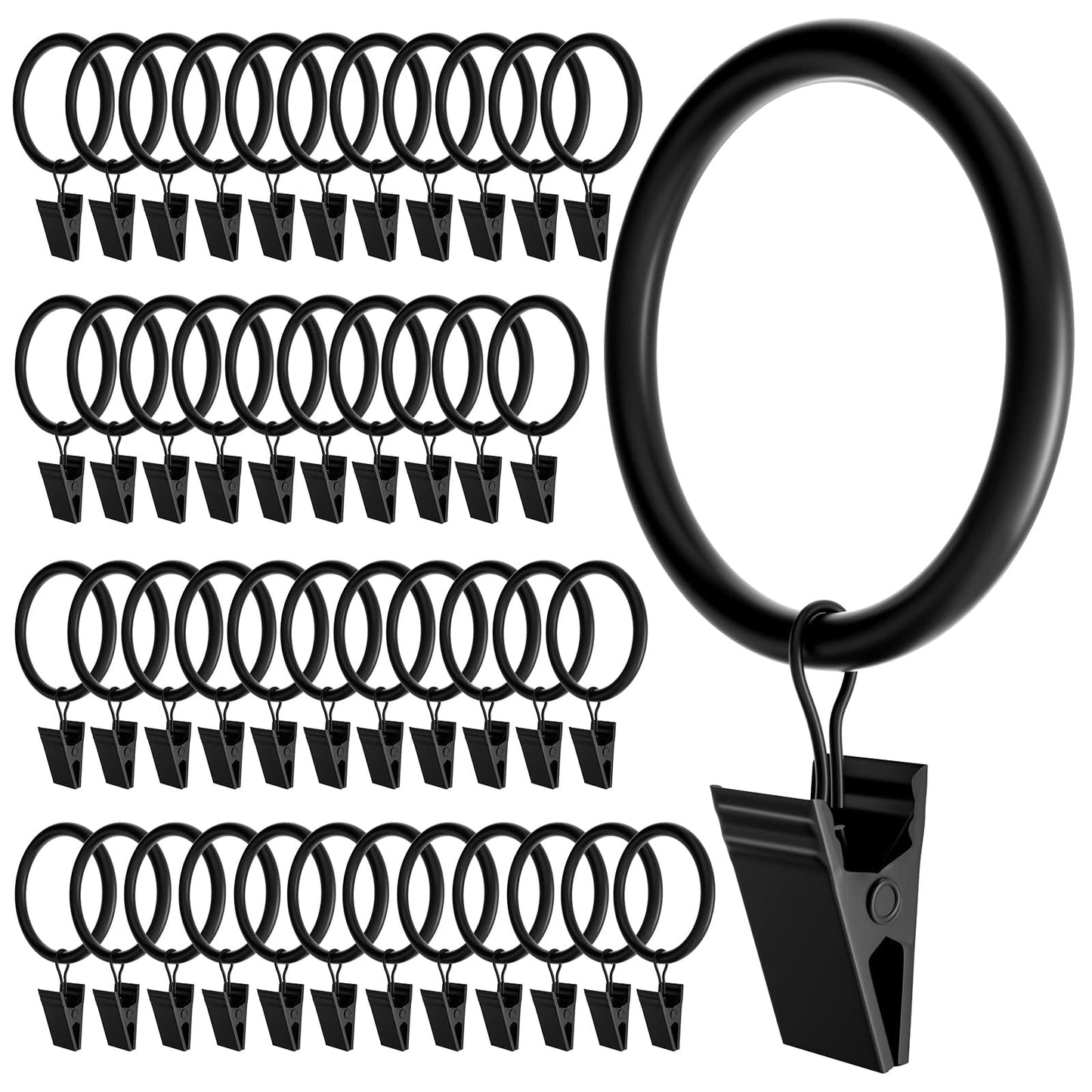 Homyplaza 44 Pack Black Curtain Rings with Clips, Curtain Hooks for Hanging, Heavy Duty Drapery Rings, Polish Rustproof Curtain Clips Hangers for Drapes, 1.26" Interior Diameter, Fits up to 1.14" Rods