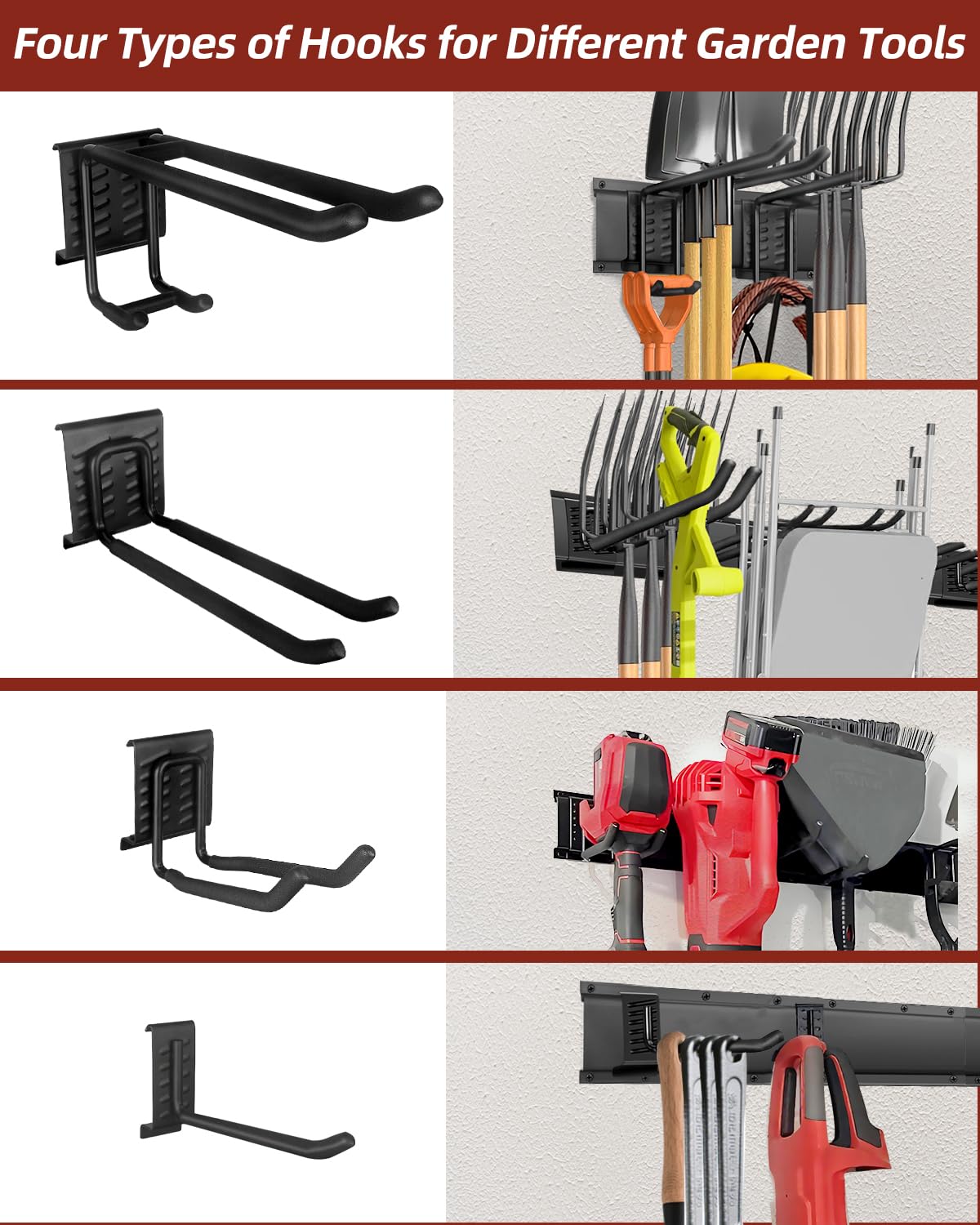 LRYXEG 48-Inch Garage Storage Tool Organizer with 8 Hooks - Heavy Duty Metal Rack for Garage Organization, Garden Tool Organizer - Wall Mounted Tool Hanger for Shovels, Ladders, Lawn Tools