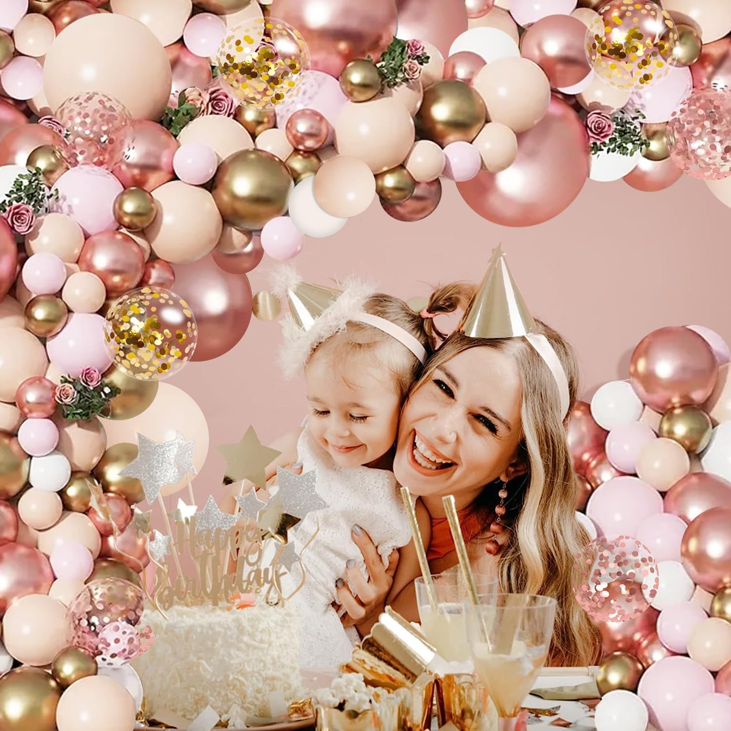 Rose Gold Balloon Garland Kit, Nude Pastel Pink Metallic Gold Matte White Balloons Gold and Rose Gold Confetti Balloons for Valentines Day Wedding Bridal Shower Party Girl Birthday Decorations