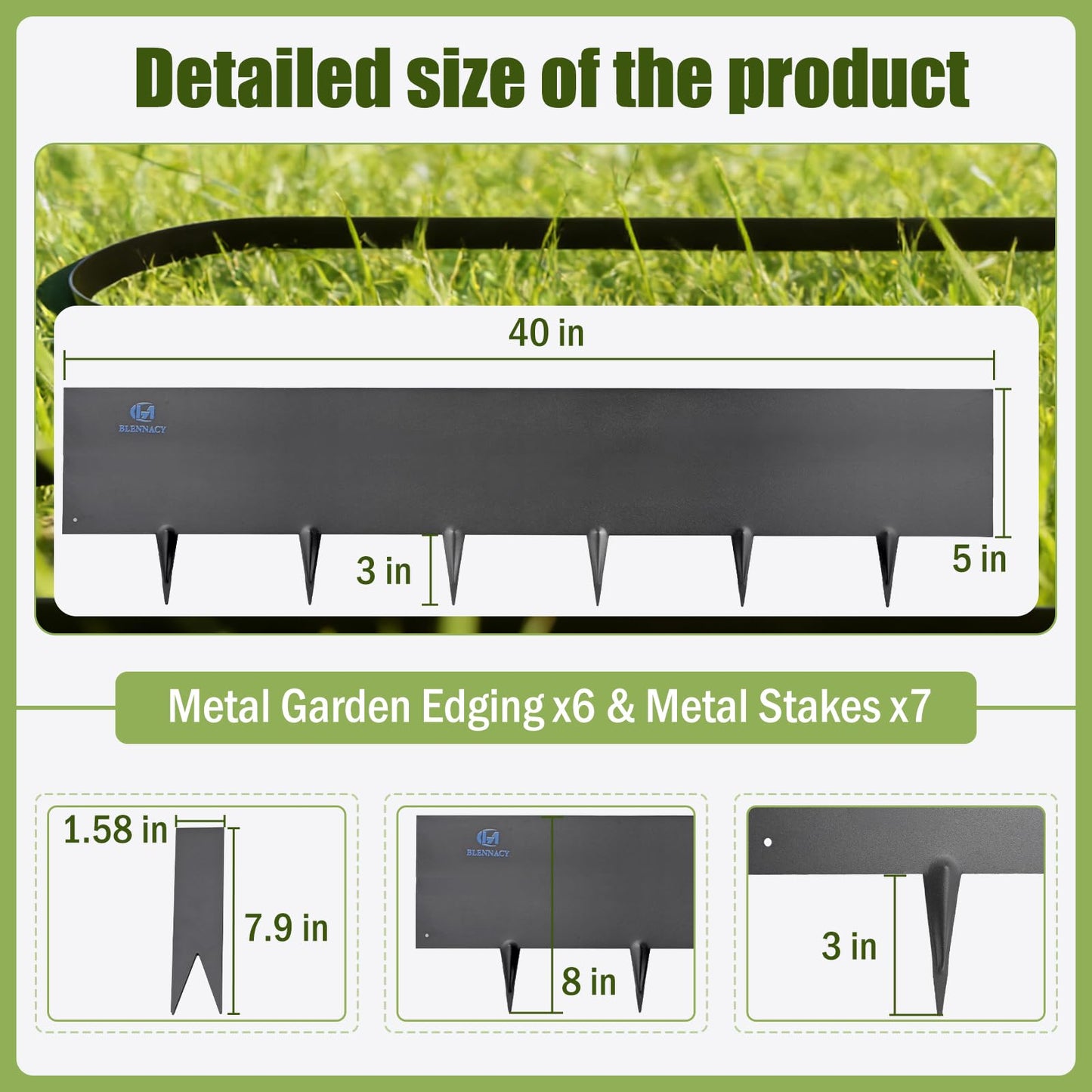 20ft. Metal Edging for Landscaping, Black Galvanized Steel Landscape Edging with 7 Stakes and a Pair of Gloves, Bendable Hammer-in Metal Lawn Edging for Fence, Flower Beds (6 Pack, 40" L x 8" H)