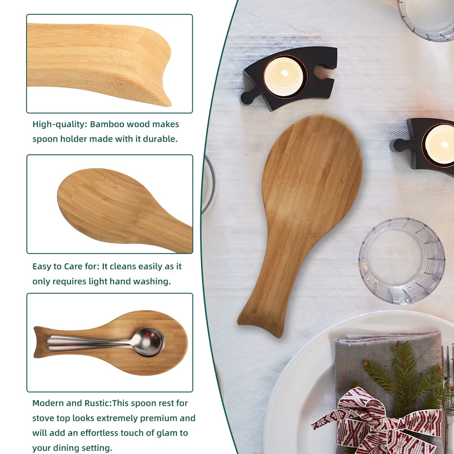 Spoon Rest for Stove Top, Bamboo Wood Spoon Holder for Kitchen Counter, Perfect Larger Utensil Rest for Spatula, Spoon or Tong, Modern, Rustic & Smooth Spoon Rest as a Dining Table Decor 10.6" x 6.7"