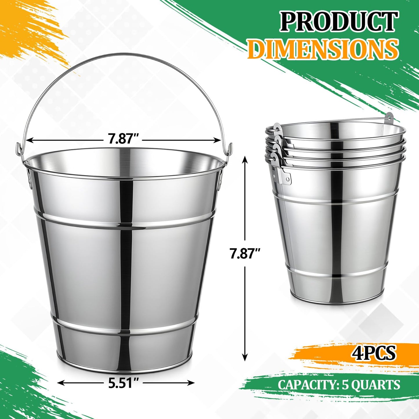Geetery 4 Pack 5-Quart Galvanized Paint Pail with Handle, Galvanized Paint Buckets Leak Rust Proof Rolled Edge Design for Home Renovation Storage