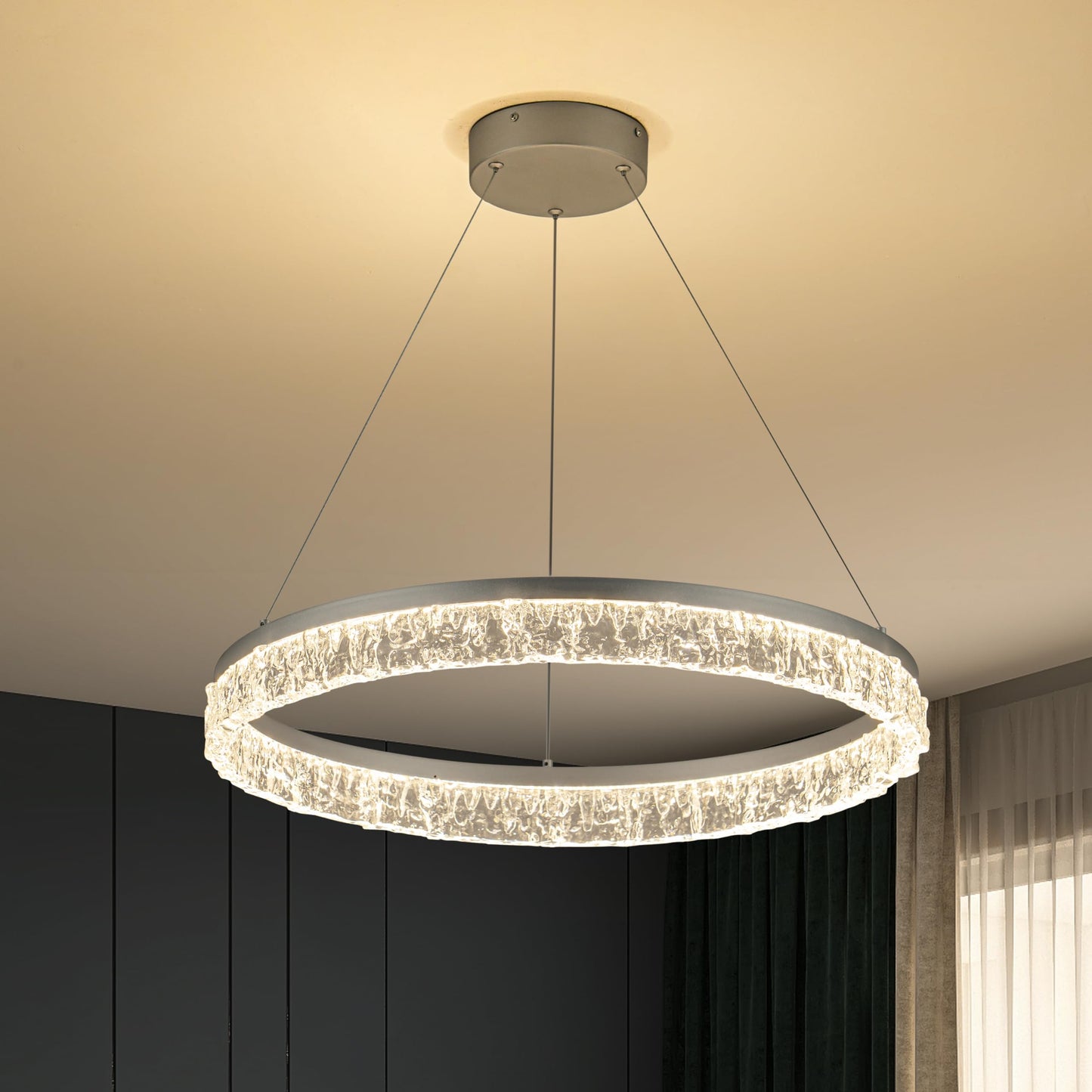 MADEM Modern Silver Led Pendant Light,36W Dimmable LED Chandelier Lighting Fixture, 1 Ring Circular Hanging Led Pendant Lighting for Living Room Dining Room Kitchen Island Foyer Office