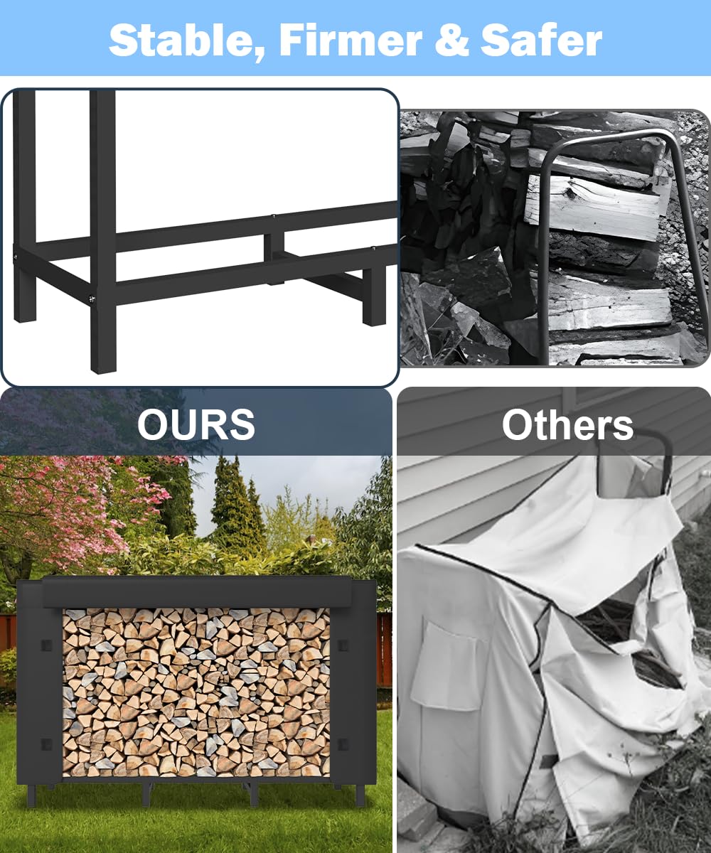 Tikimilor 4ft Firewood Rack Holder with Cover, Adjustable Heavy Duty Fire Log Stacker Stand for Fireplace, Outdoor Indoor Metal Wood Pile Storage Organizer, Patio Logs Stand tool, Black