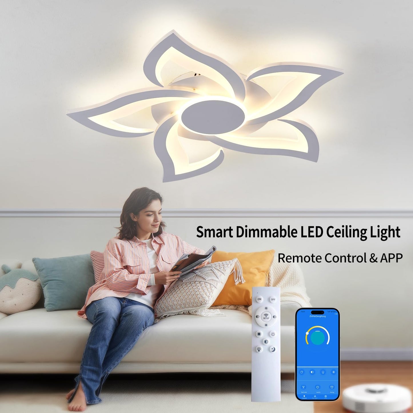 HuixuTe 24" Modern Geometric Ceiling Light Fixture, White Dimmable 3 Colors LED Close to Ceiling Light Fixtures with Remote, Low Profile Flush Mount Ceiling Light for Kitchen, Living Room
