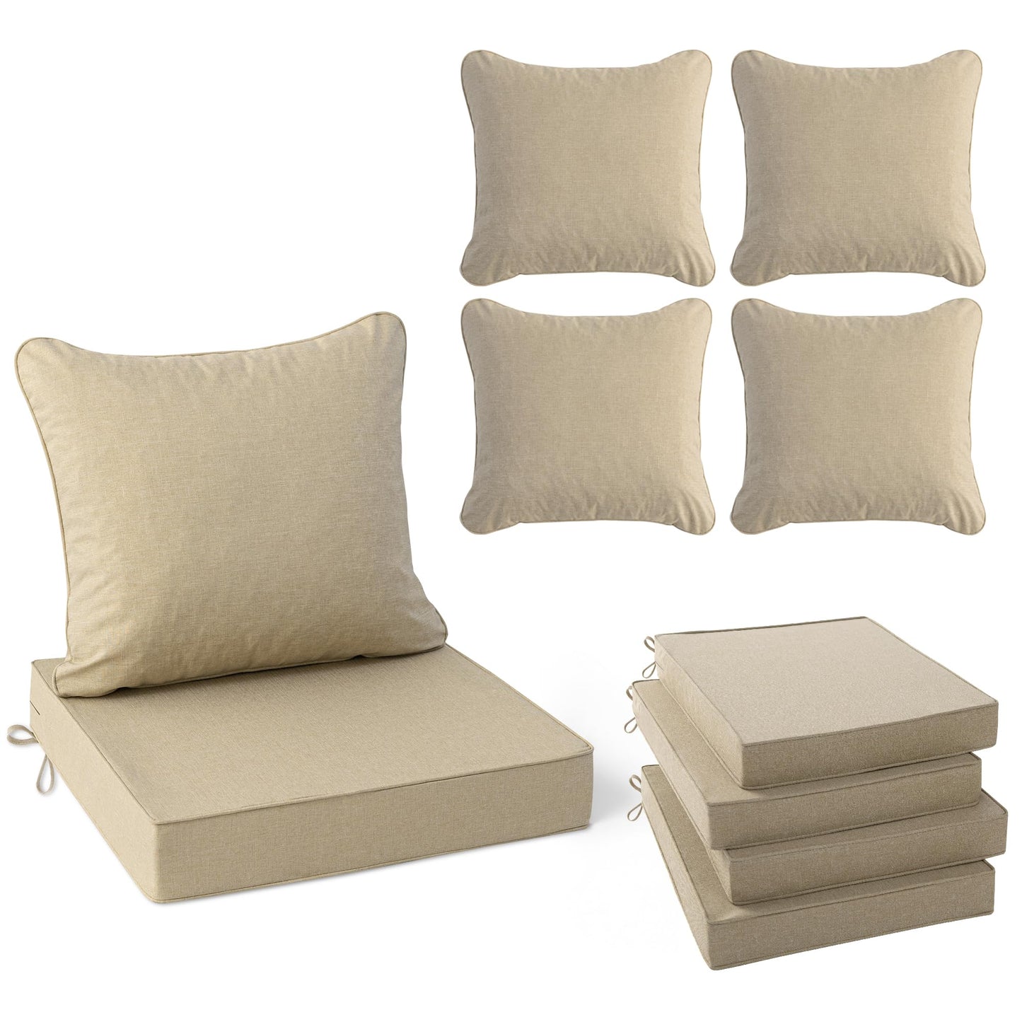 Summsun Outdoor Chair Cushions Set of 4, Faux Linen Patio Furniture Cushions, Water Resistant Backrest and Deep Seat Cushion Set with Ties, Removable Cover, Non-Slip Bottom, 24 x 24 Inch, Nature