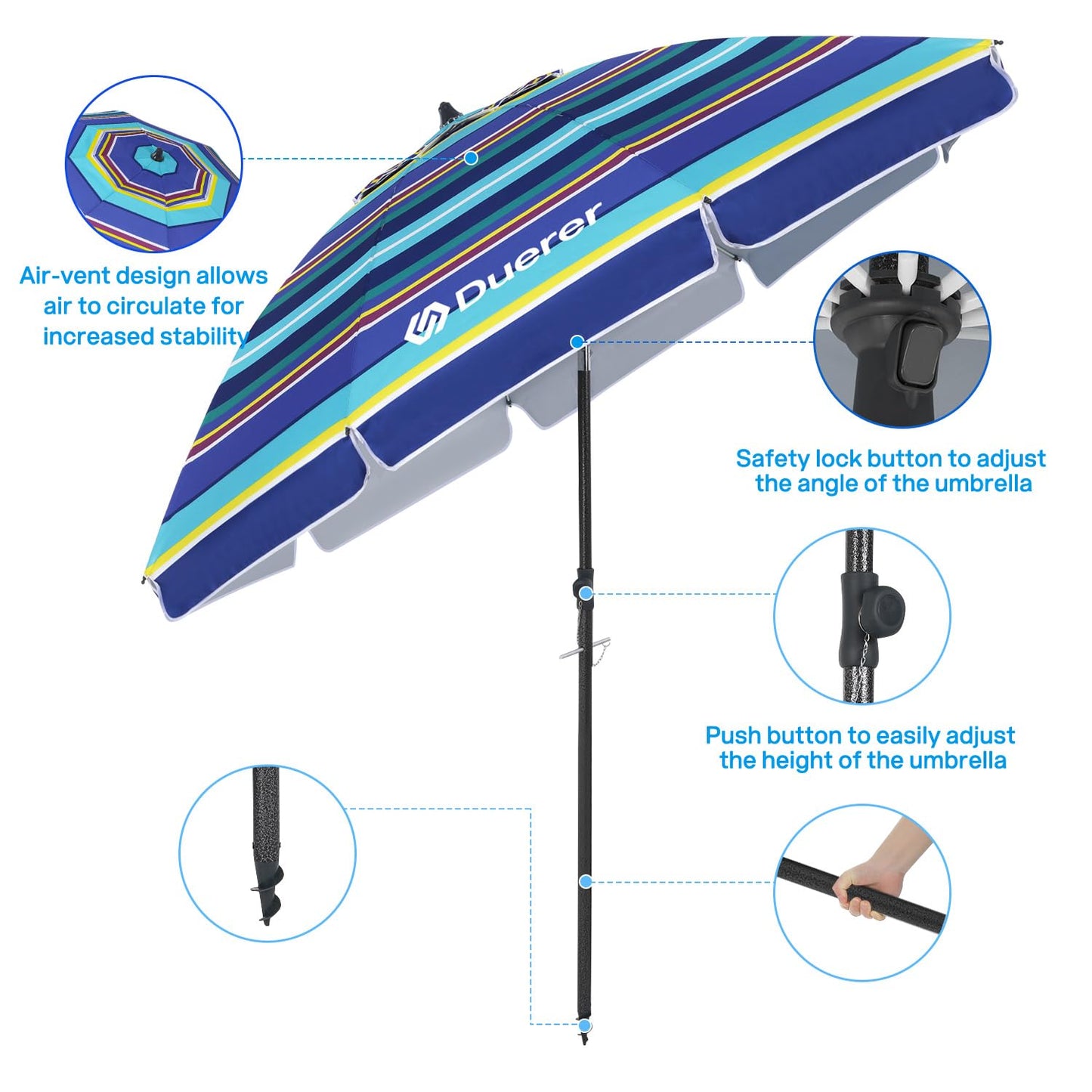Duerer Beach Umbrellas, 8.5FT Beach Umbrella for Sand with Anchor Heavy Duty Windproof, Height Adjustable Tilt Iron Pole, Portable Beach Umbrella with Carrying Bag for Beach, Patio Garden Outdoor