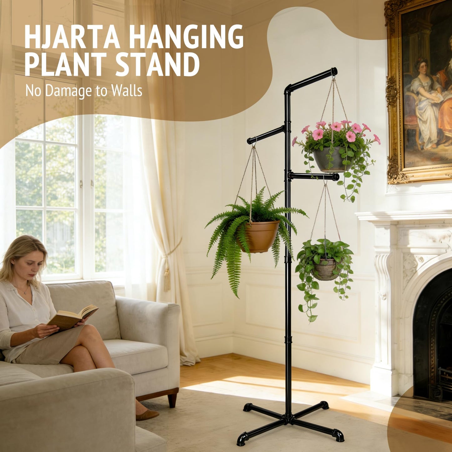 Hjarta Hanging Plant Stand Indoor with 3 Bars, 60 Inch Hanging Basket Stand, Plant Hanger Stand for Balcony, Bedroom, Living Room, Garden