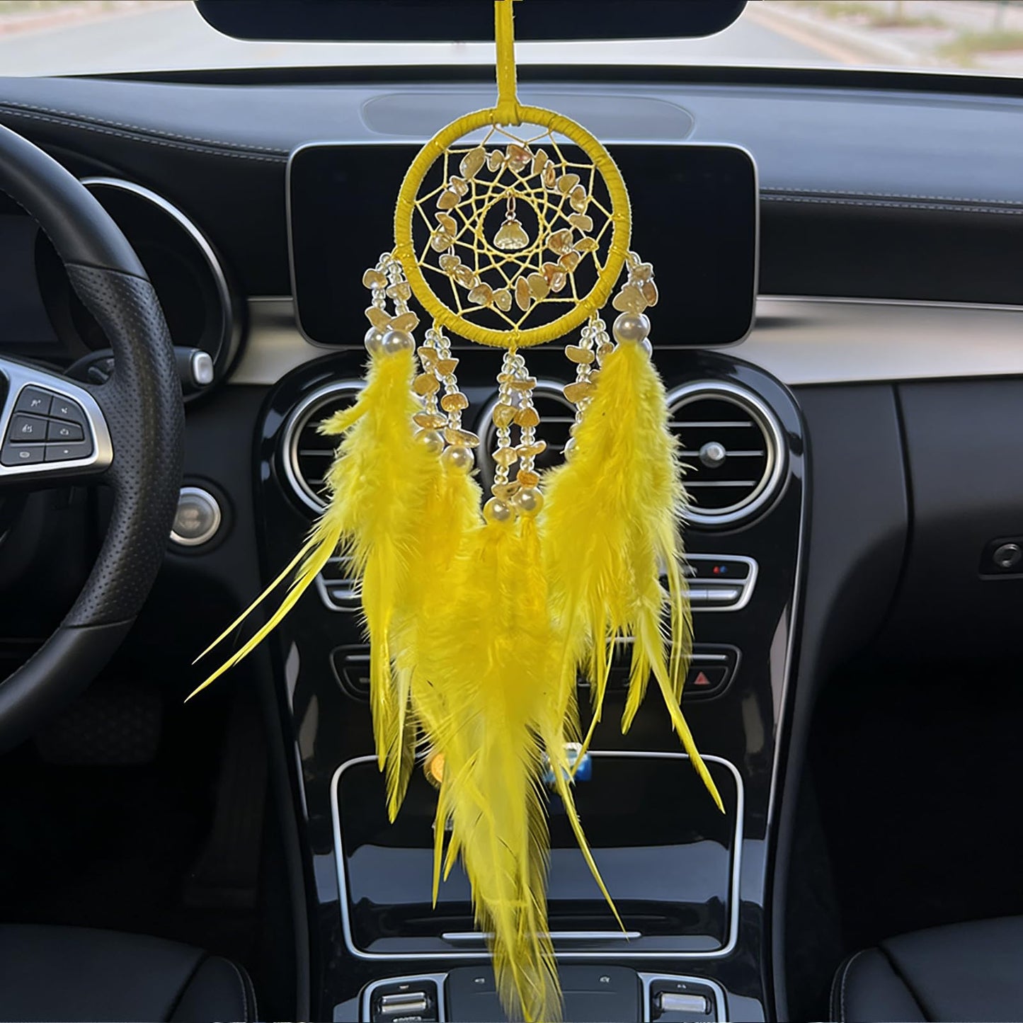 Small Dream Catcher for Car Handmade Boho Hanging Decor for Car Interior Rear View Mirror Feathers Dream Catchers Charms Ornament(Yellow)