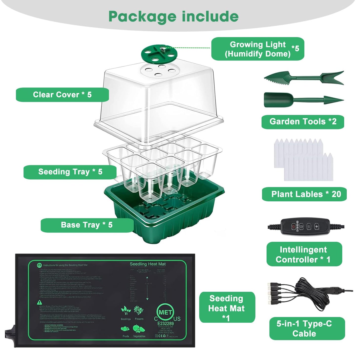 FINEST+ Seed Starter Tray with Heat Mat and Grow Light,5 Pack Seedling Starter Trays with Time Controller,Seedling Starter Tray with Adjustable Brightness,Seed Starting Kit with Adjustable Humidity