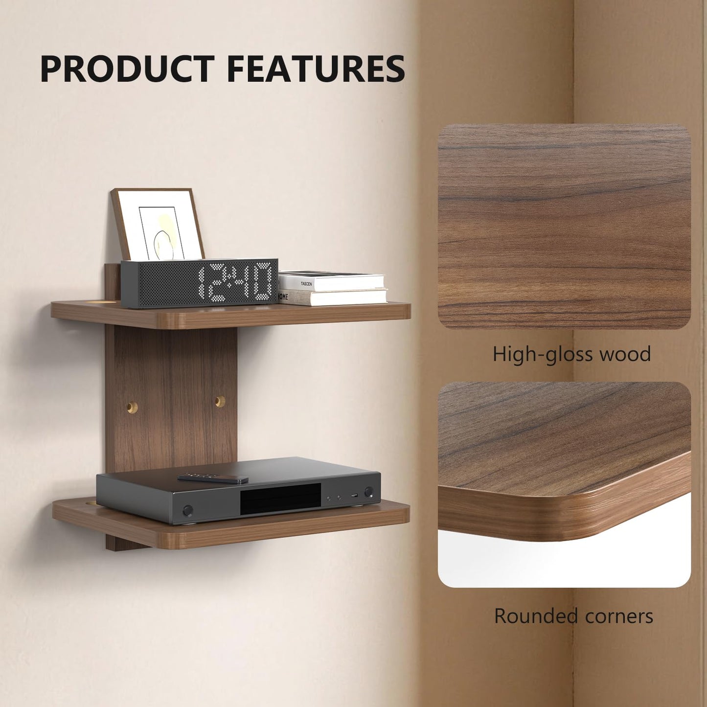 WALI Floating TV Shelf, 2 Tier Projector Shelf for DVD Players, Routers, Game Consoles, Cable Boxes, Living Room Decor Accessories, Wall Mount Shelves Holds Up to 22lbs (CS202N), 2-Shelf, Walnut Brown