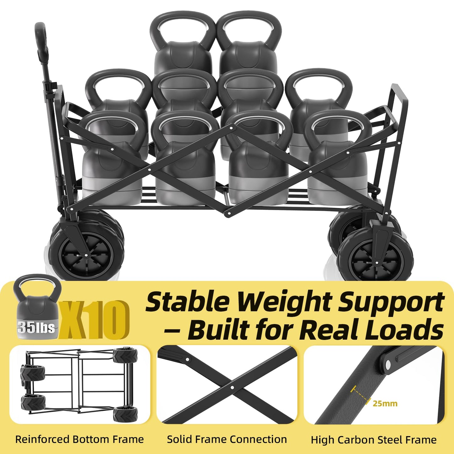 EchoSmile Heavy Duty 350 Lbs Capacity Collapsible Wagon, Outdoor Folding Camping Grocery Portable Utility Cart, Adjustable Rolling Carts, All Terrain Beach Wagon with Big Wheels (Black-Arrow)