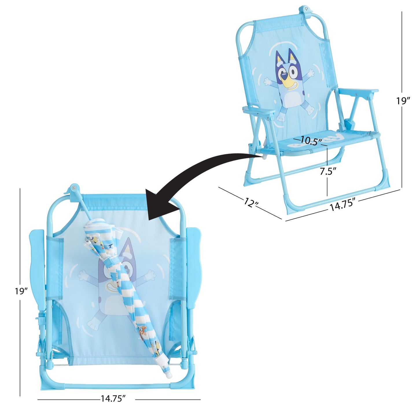 Idea Nuova Bluey Kids Outdoor Folding Beach Chair with Umbrella,Portable Camp Chair for Ages 3+, Lightweight & Compact for Beach, Camping, and Backyard