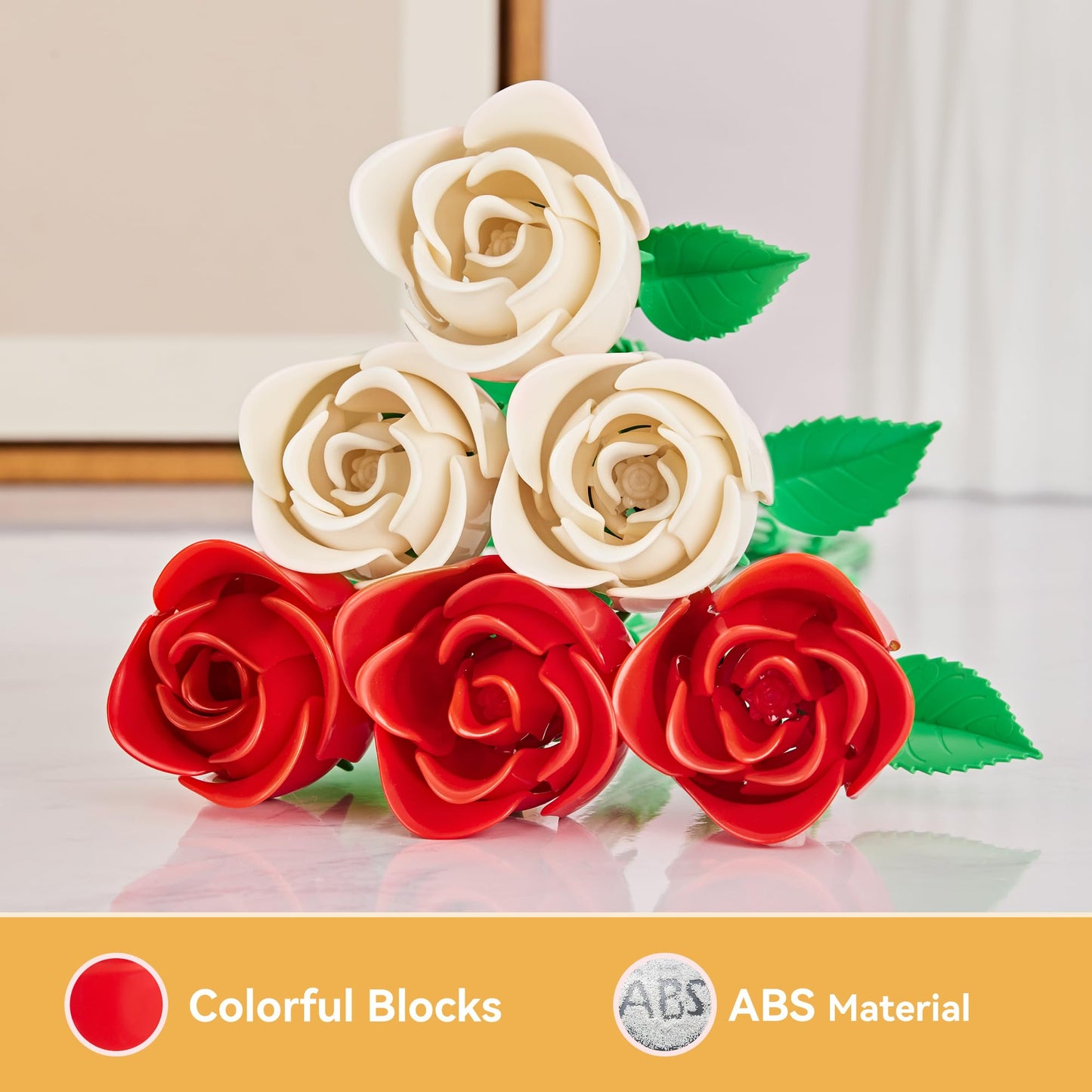 EWED Rose Flower Bouquet Building Set: Artificial Flowers Botanical Collection Blocks Kit for Women Girls Wife Adults Home Decor Thanksgiving Christmas Mother's Day Valentine's Gifts 6-Pack