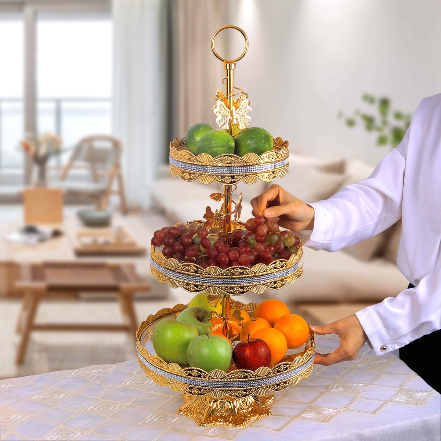 3 Tier 24 Inches Round Metal Cake Display Stand, Gold Fondant Cake Cupcake Dessert Fruit Stand Pedestal, Bakeware Wedding Birthday Baking Party Supplies Centerpiece