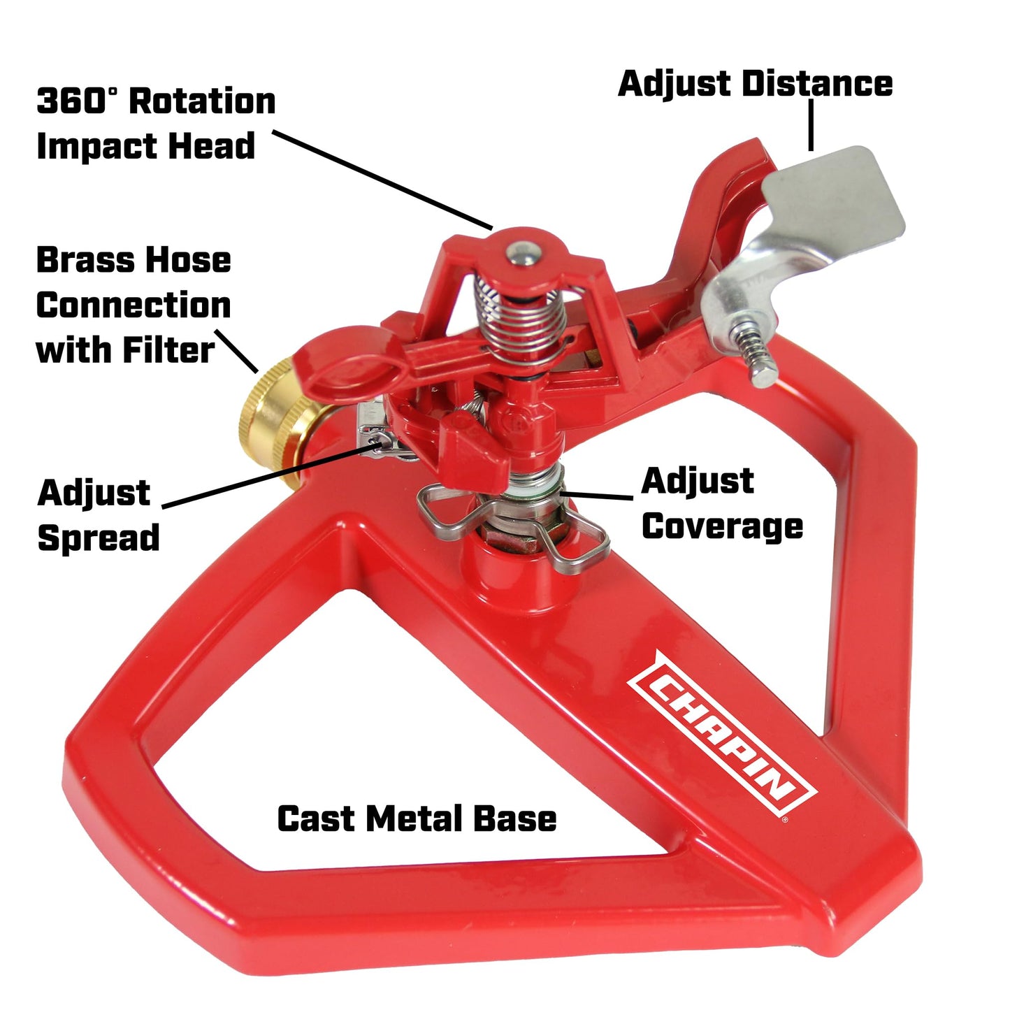Chapin 4980: Platform Impact Sprinkler, 360 Degree Automatic With Base for Gardens and Lawns, Up to 85ft Coverage Area, Yards and Garden Watering, Red