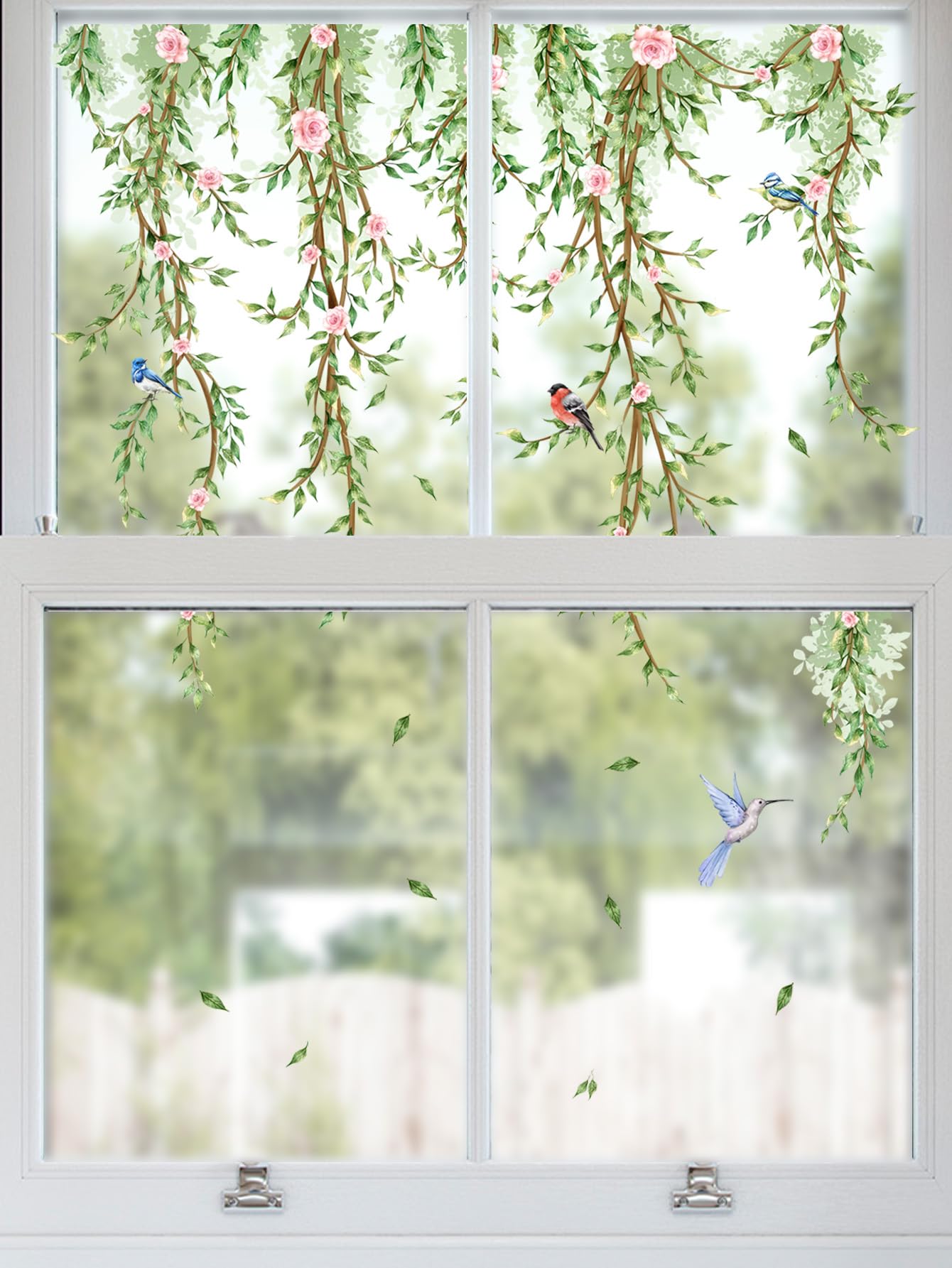 Hanging Vine Wall Stickers - Bird Green Leaves Flowers Decal Peel and Stick Removable Wall Art for Bedroom Living Room Nursery Window Glass Home Decor,30.5 cm x 50.5 cm