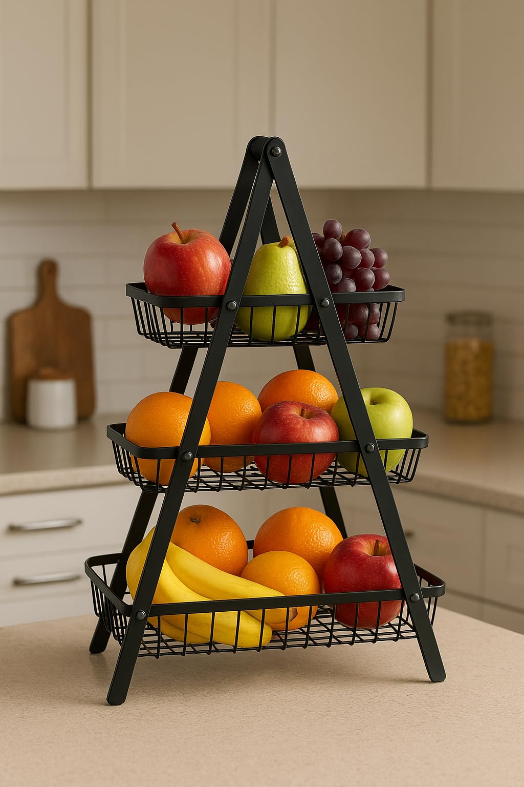 3-Tier Kitchen Countertop Storage Basket with Wooden Handles Perfect for Fruits, Snacks & Bread