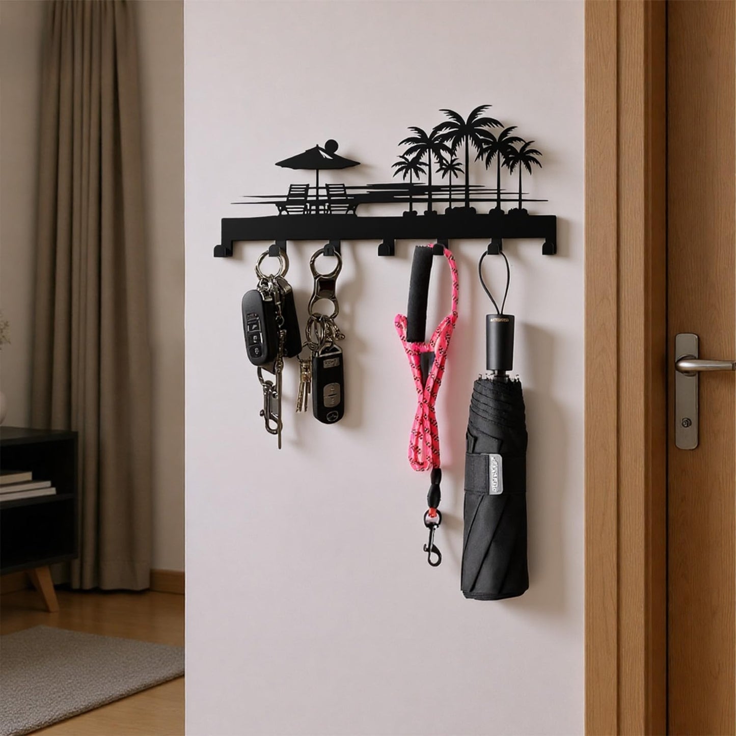 useNumber Tropical Style Key Holder Wall Mount with 7 Hooks, Key Hanger Organizer for Front Door, Hallway, Entryway & Office Decor, Featuring Sunset and Coconut Tree Design