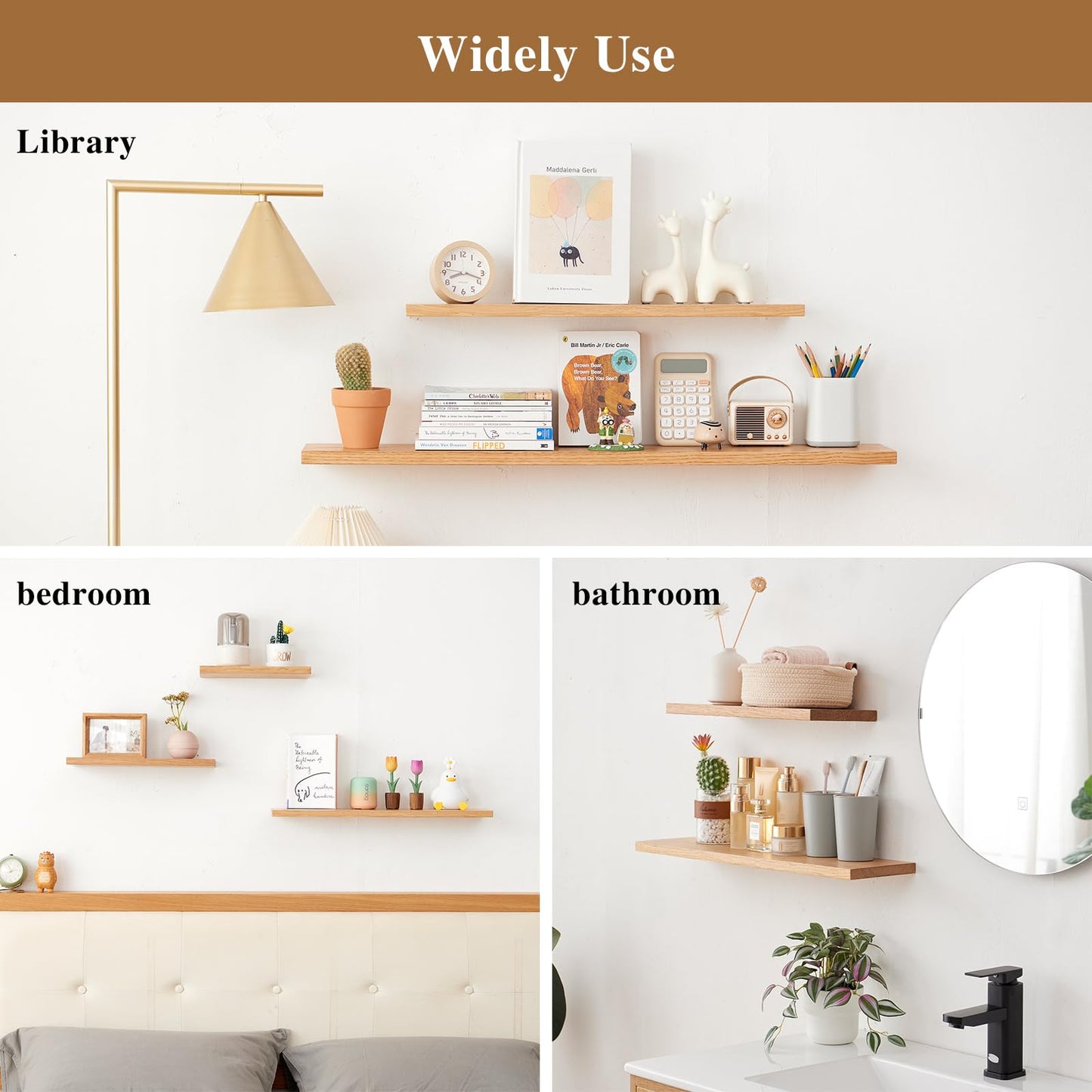 Sikflmi Oak Floating Shelves Rustic Wood Wall Shelves for Storage, Wall Mounted Wooden Display Shelf Wide for Living Room Bedroom Kitchen Bathroom (12 inch)
