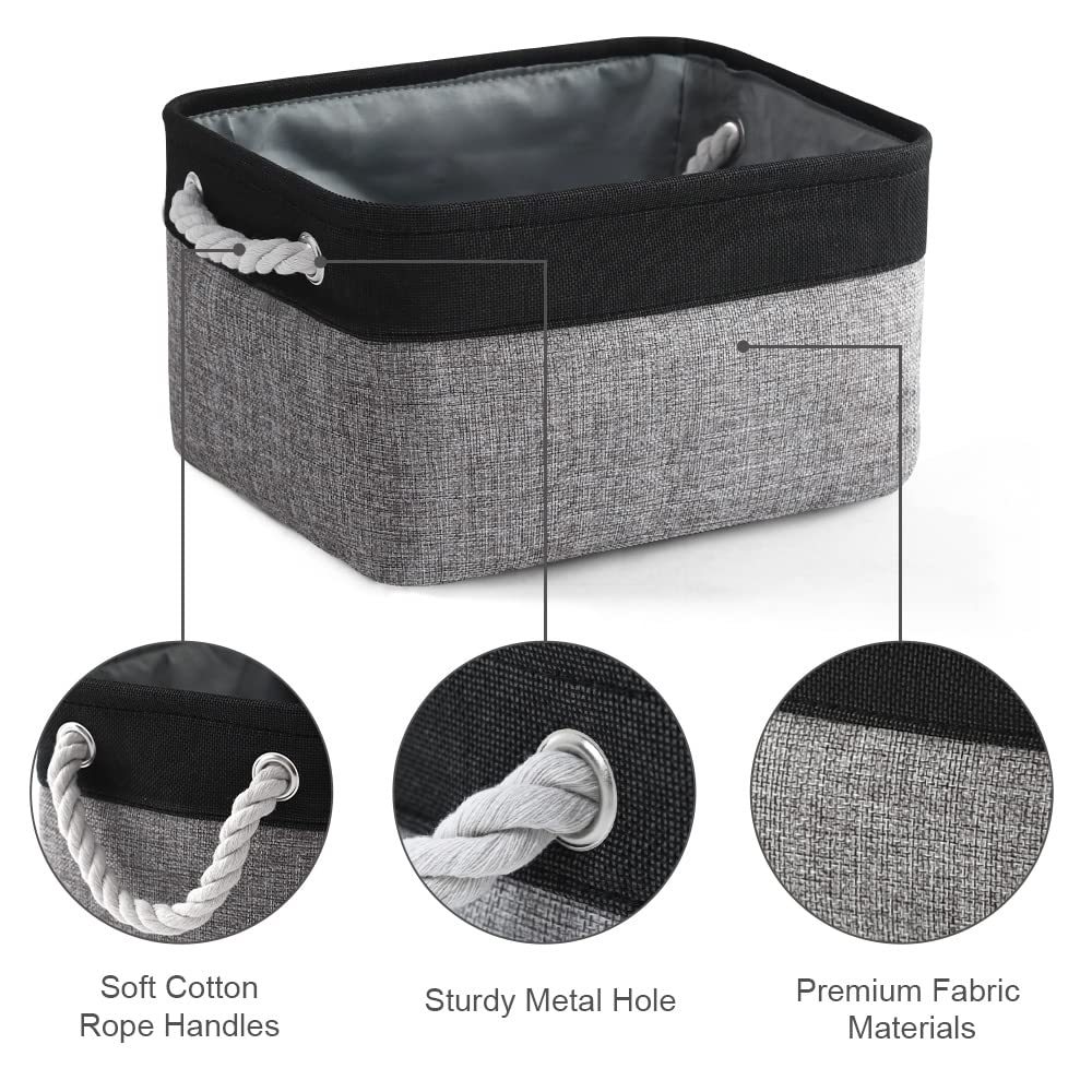 TheWarmHome Storage Basket for Organizing - 14x10x7 inch Medium 3 Pack Collapsible Storage Bin for Shelves with Rope, Fabric Storage Cubes for Organizer Cloth Gift Toy Closet (Black & Grey)