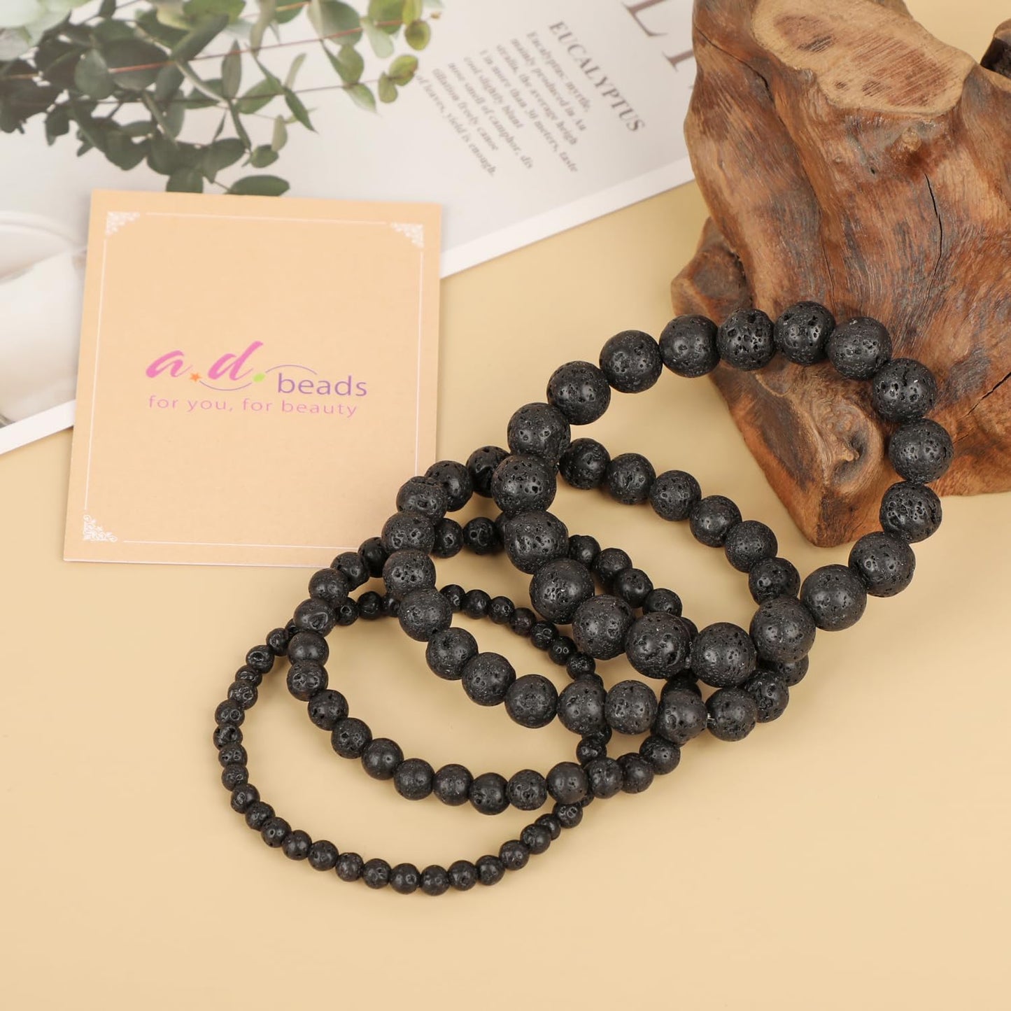 AD Beads Handmade Gemstone Stretch Elastic Bracelet Crystal Healing Reiki Nature's Beauty and Spiritual Essence Unisex (8mm, Black Lava (Warmth Generator))