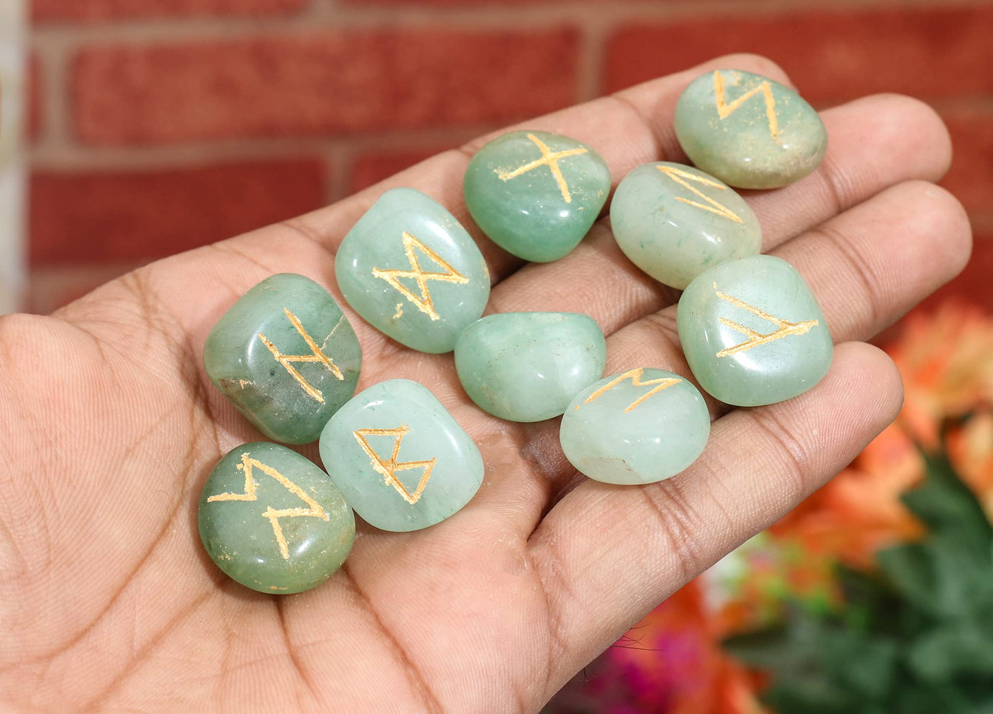 Crocon Green jade Gemstone Rune Stone with Elder Futhark Alphabet Engraved Symbol 25 pcs Set for Feng Shui Reiki Crystal Healing Chakra Balancing Metaphysical Decor Size: 15-25 mm