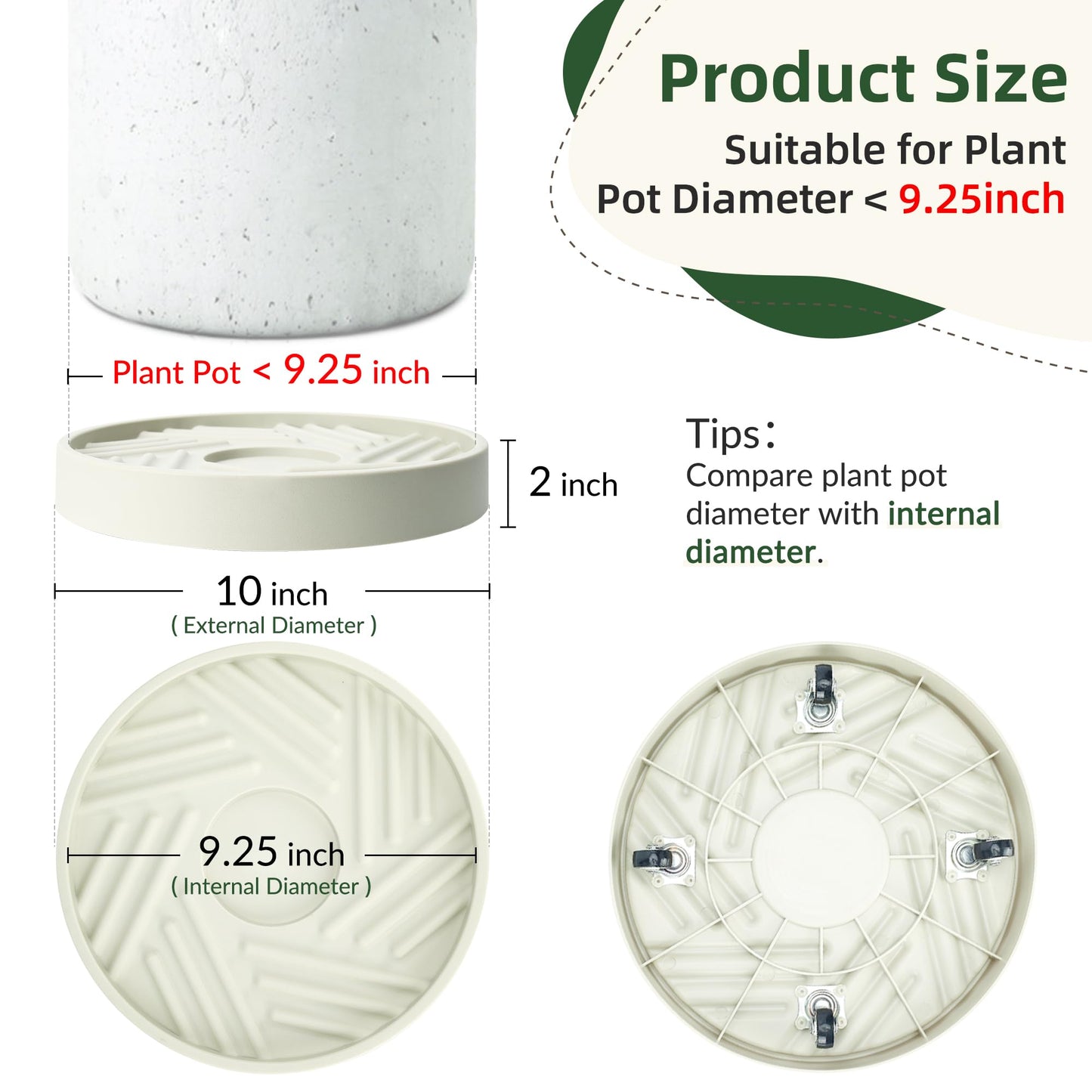 REDHUGO 2PCS Round Plant Caddy with Hidden Wheels, Heavy Duty Rolling Plant Stand Caddy with Wheels, Pot Base for Indoor Outdoor, Beige, 10 inches