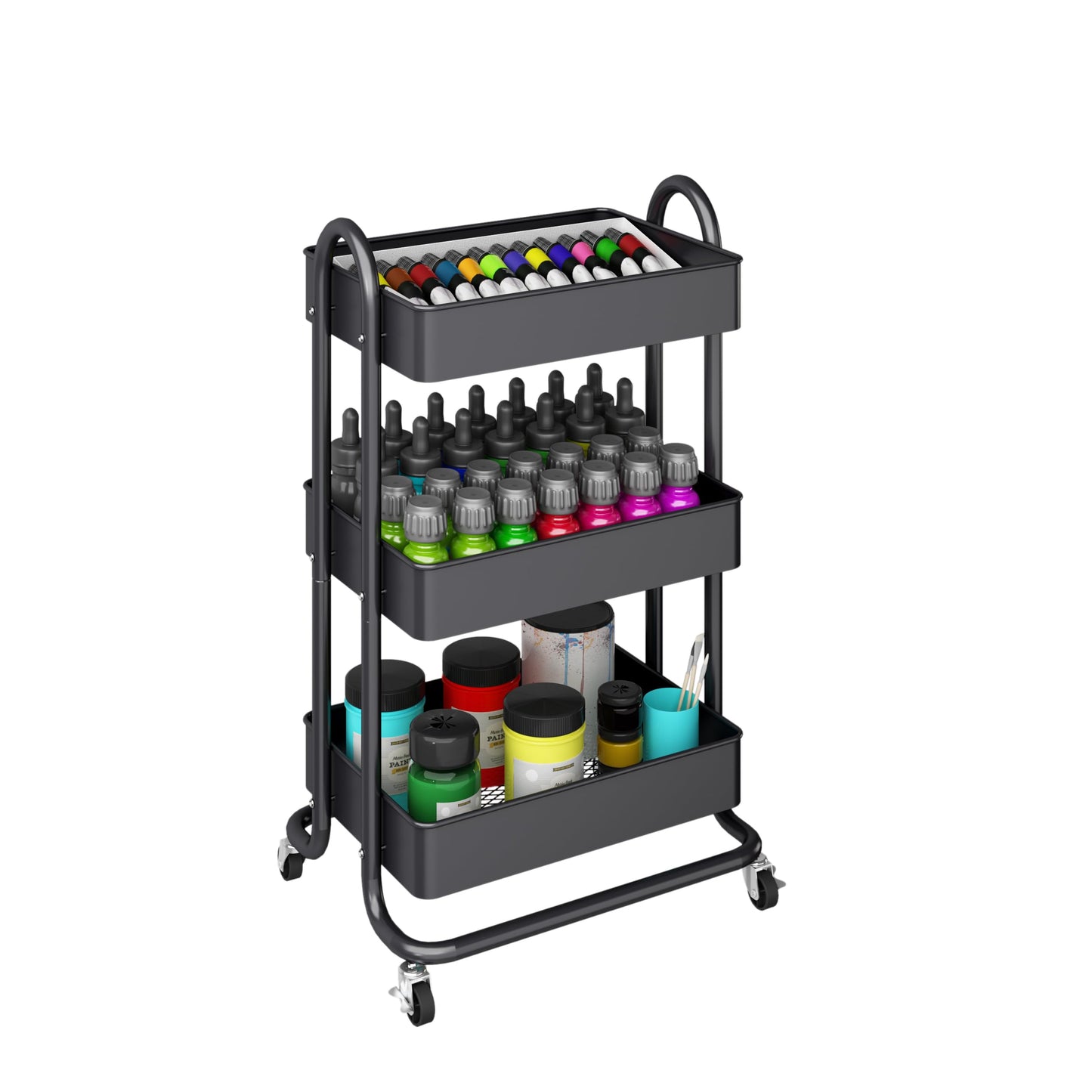 MIOCASA 3-Tier Metal Utility Rolling Cart, Heavy Duty Multifunction Cart with Lockable Casters, Easy to Assemble, Suitable for Office, Bathroom, Kitchen, Garden (Dark Gray, 3-Tier-Metal)
