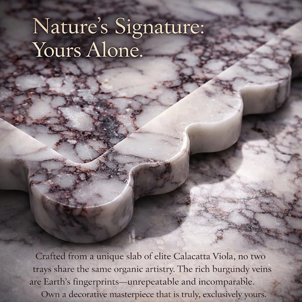 PebblePure 14" x 10" Large Genuine Calacatta Viola Scalloped Marble Tray, Pre-Sealed for Stain & Water Resistance, Luxury Decorative Trays for Vanity, Bathroom, Dresser, Coffee Table, Home Decor