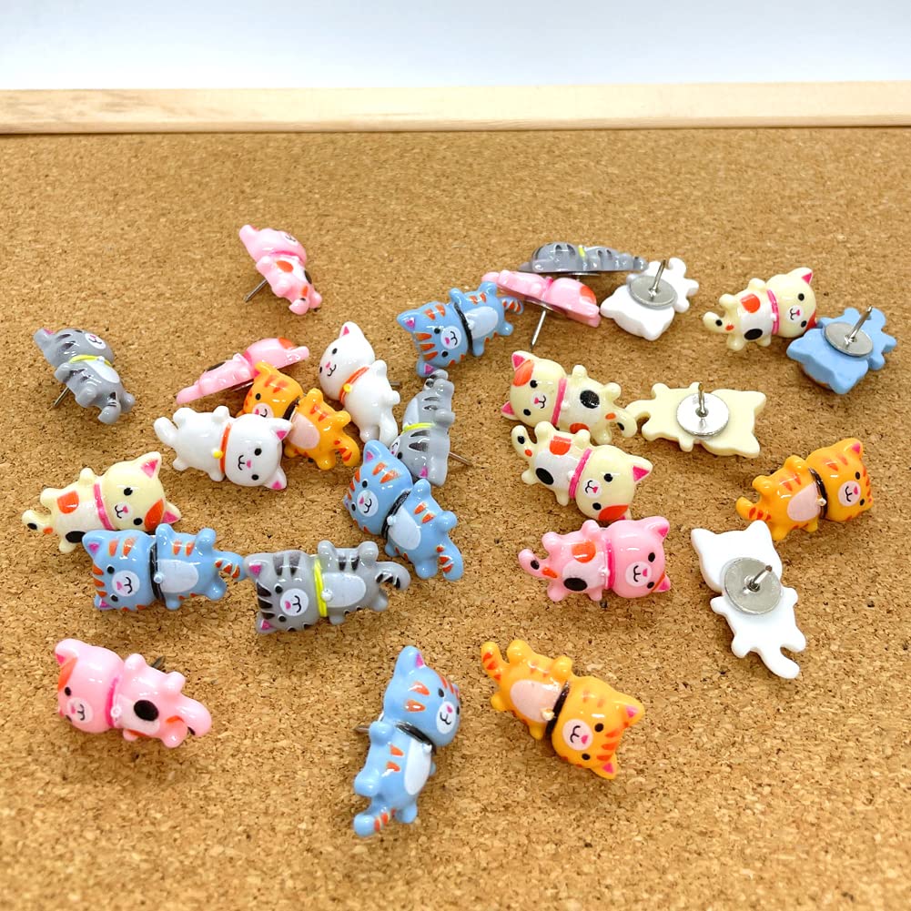 30 pcs Cute Cat Push Pin Decorative Thumb Tacks Animal Push Pins for Photo Wall Maps Memo Note Bulletin Board or Cork Boards Multi-Functional Pushpin Tool Office Accessories