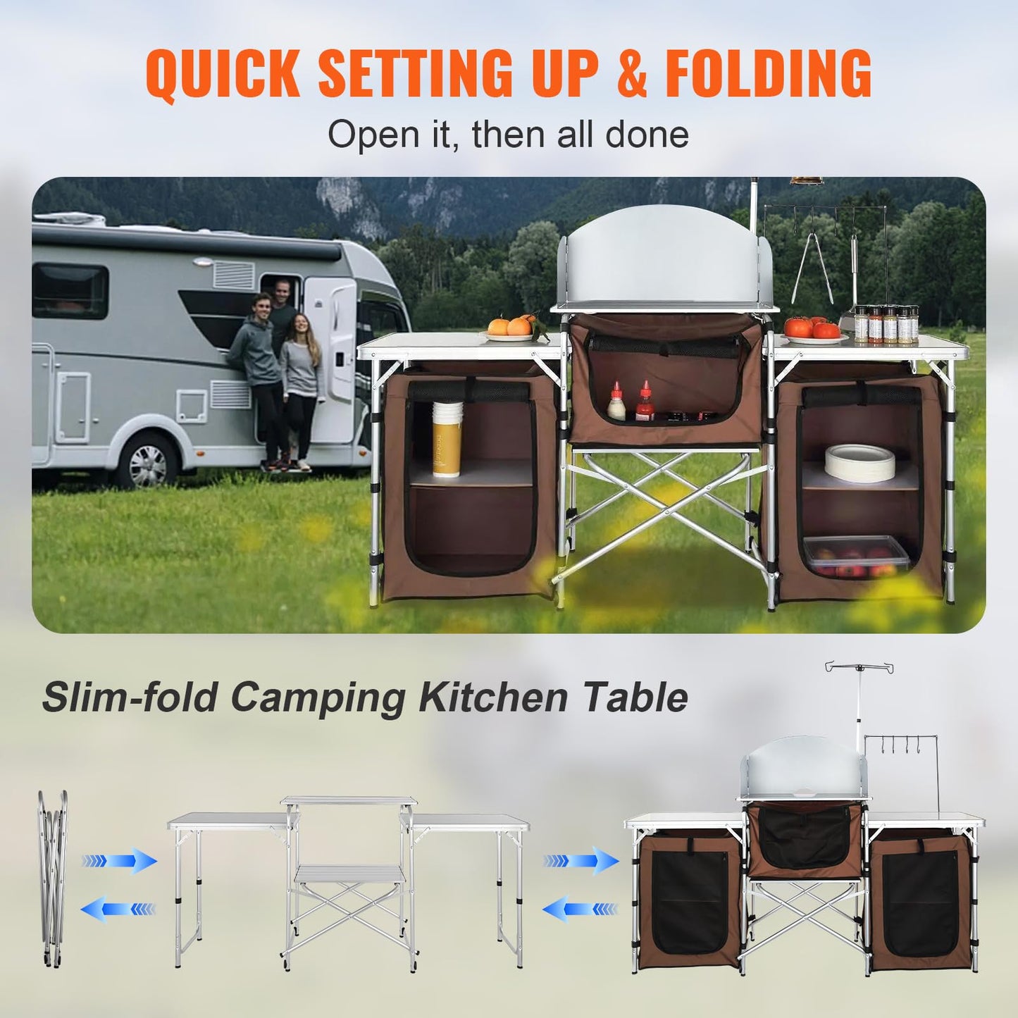VEVOR Camping Kitchen Table, Folding Outdoor Cooking Table with Storage Carrying Bag, Aluminum Cook Station 3 Cupboard & Detachable Windscreen, Quick Set-up for Picnics, BBQ, RV Traveling, Brown