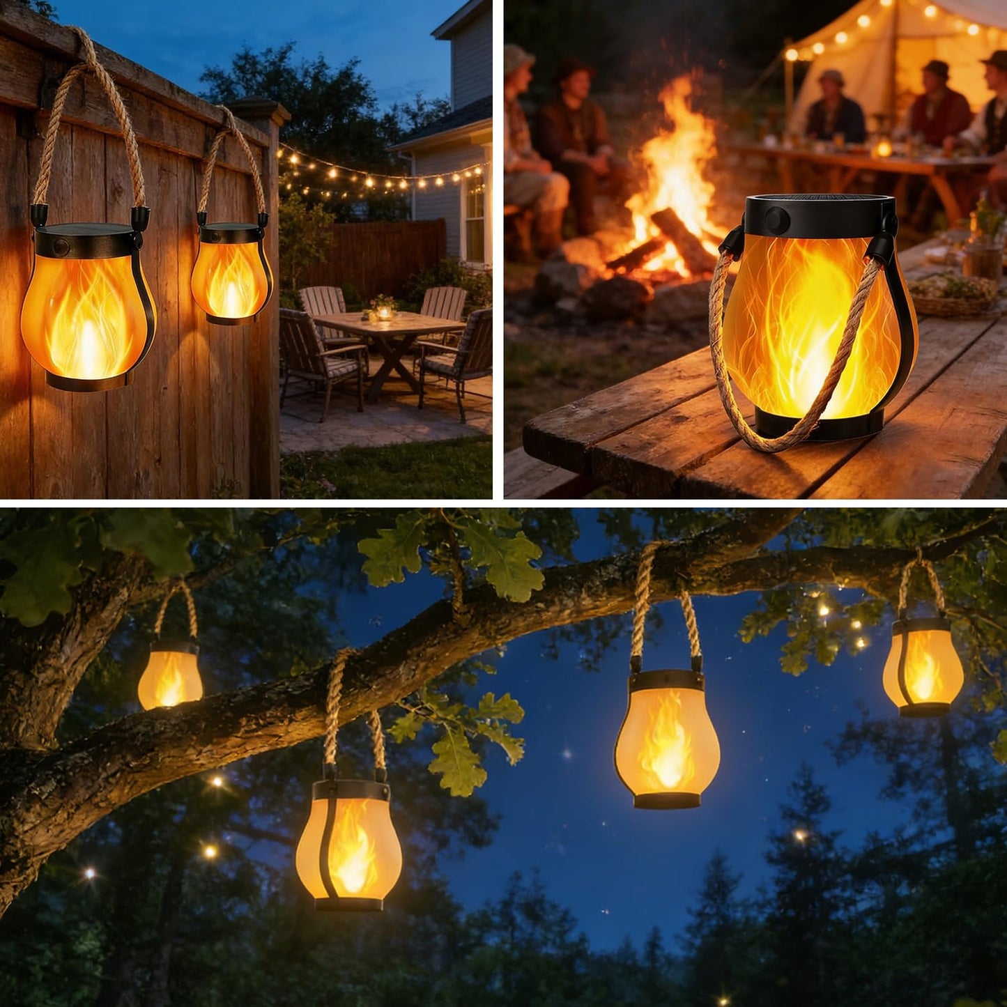 Yomistar Solar Lanterns Outdoor Waterproof 2 Pack Hanging Solar Lantern with Flickering Flame, Solar Flame Lantern with USB Charging, Decorative Lanterns Lights for Yard Porch Camping Patio