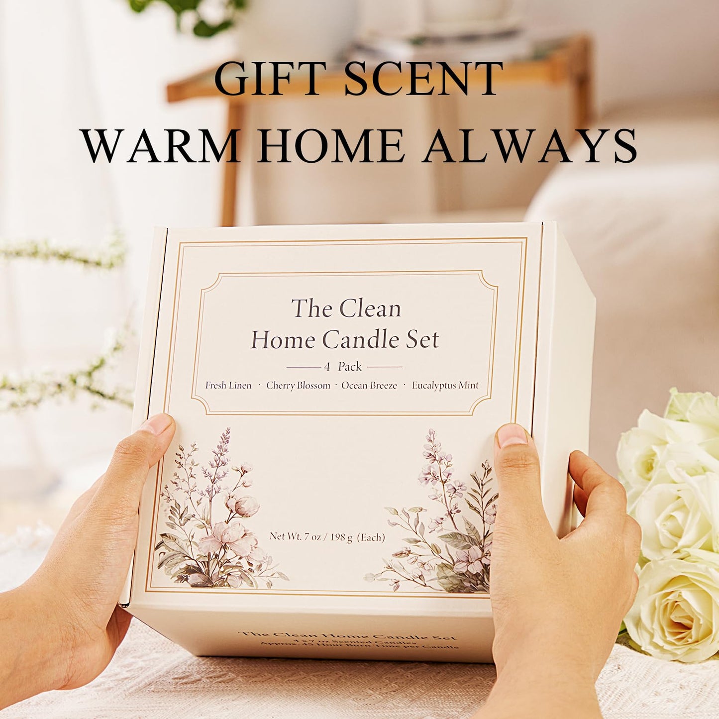 Scented Candle Gift Set, 4 Pack 7oz Natural Soy Wax Aromatherapy Candles, Fresh Linen, Ocean Breeze, Cherry Blossom, Eucalyptus Mint, Ideal Gifts for Women