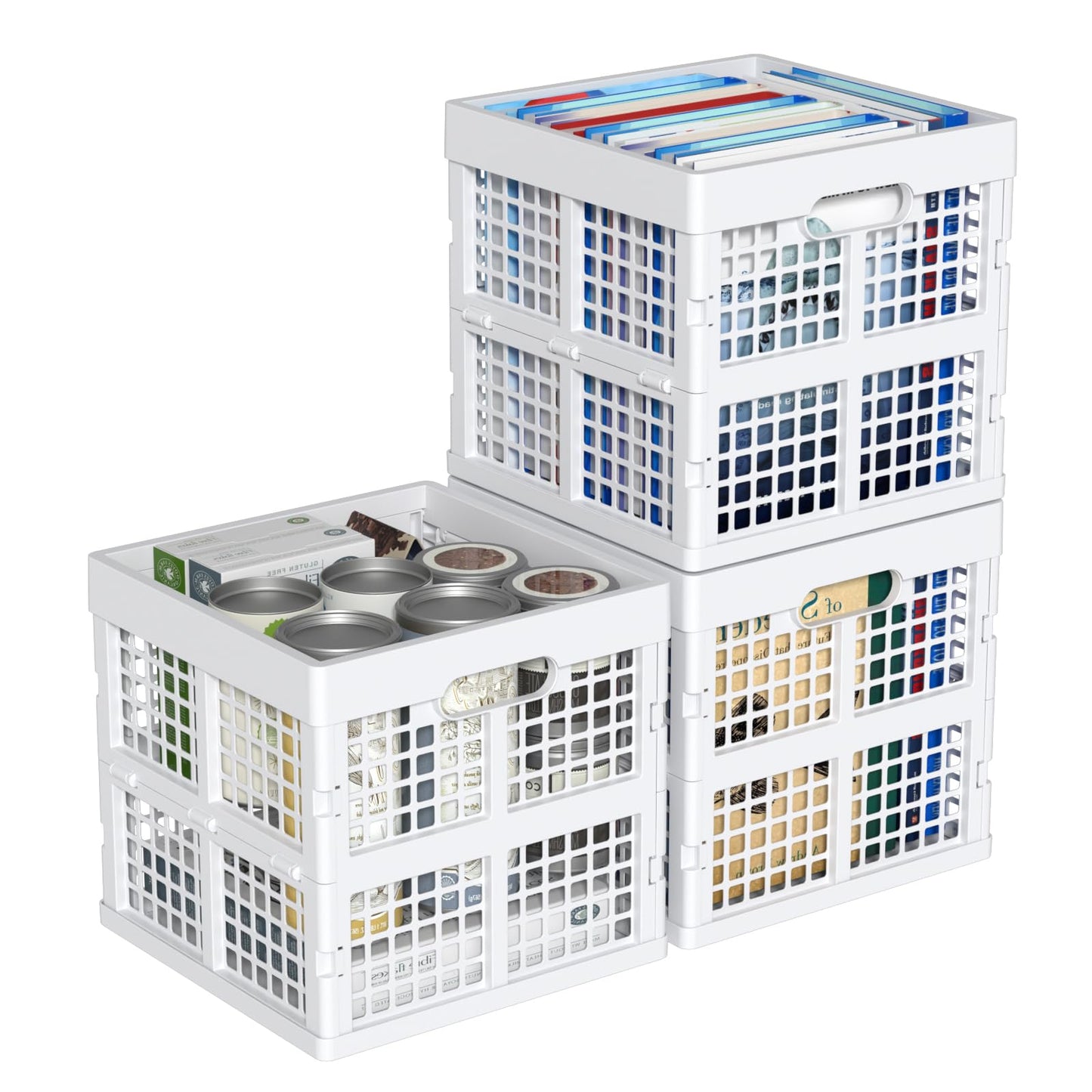 Sadstory 18 L Plastic Square Folding Storage Crate, Stackable Collapsible Crates, White, 3 Pack