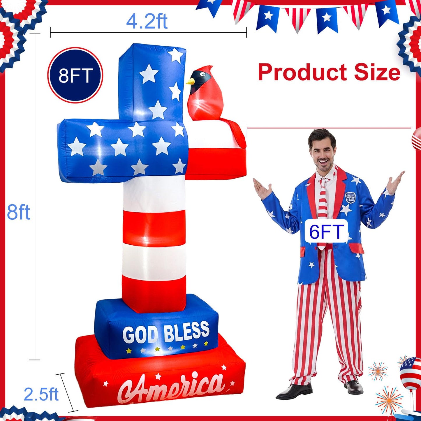 OurWarm 8FT 4th of July Inflatables, Memorial Day Inflatables Outdoor Decorations Blow Up Cross with Cardinal American Flag Built-in LEDs & Blower, Patriotic Inflatable for Lawn Independence Day Decor