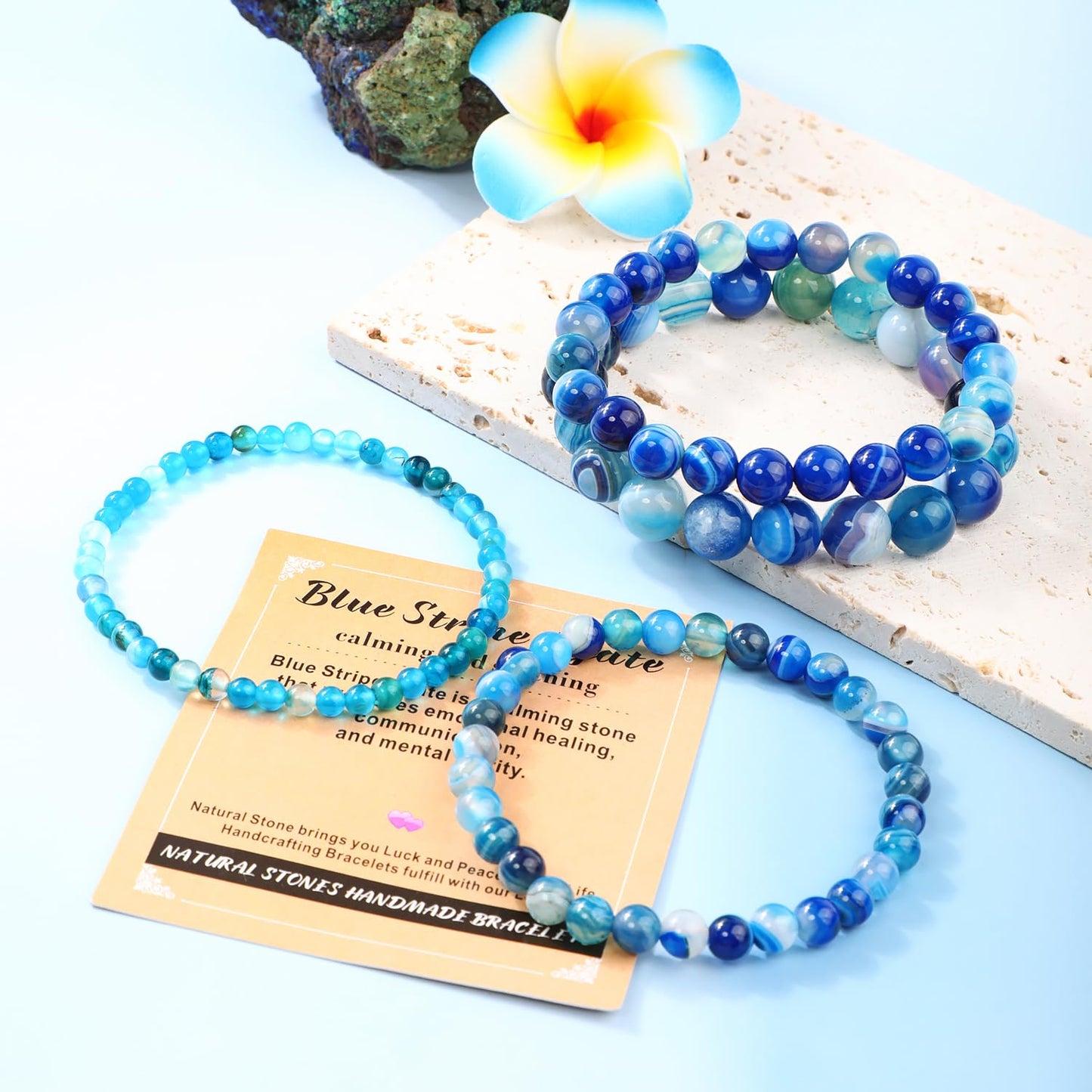AD Beads 6mm Handmade Blue Stripe Agate Elastic Bracelet – Natural Gemstone for Calming and Soothing – Meditation, Yoga, Healing and Energy Gift for Men Women