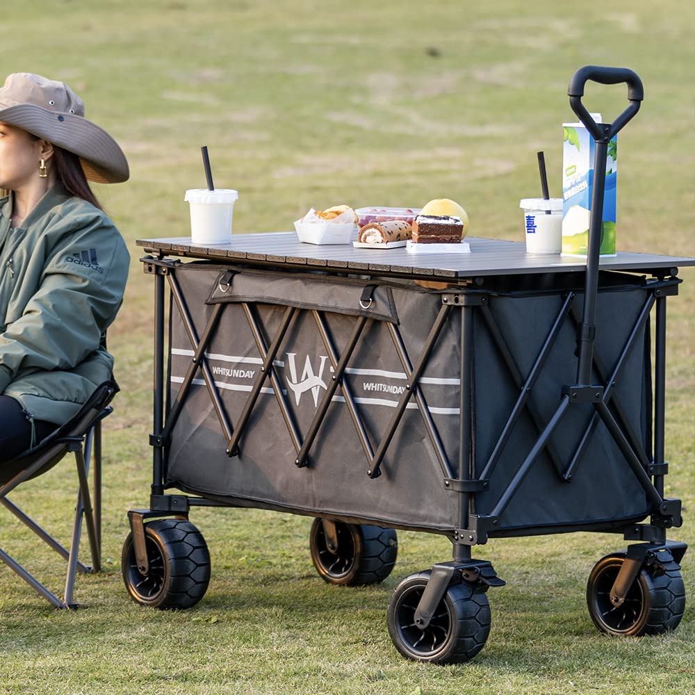 Whitsunday Heavy Duty Collapsible Wagon Cart,440Lbs Folding Outdoor All Terrian Wheel Utility Camping Park Wagon Cart with Table Grey