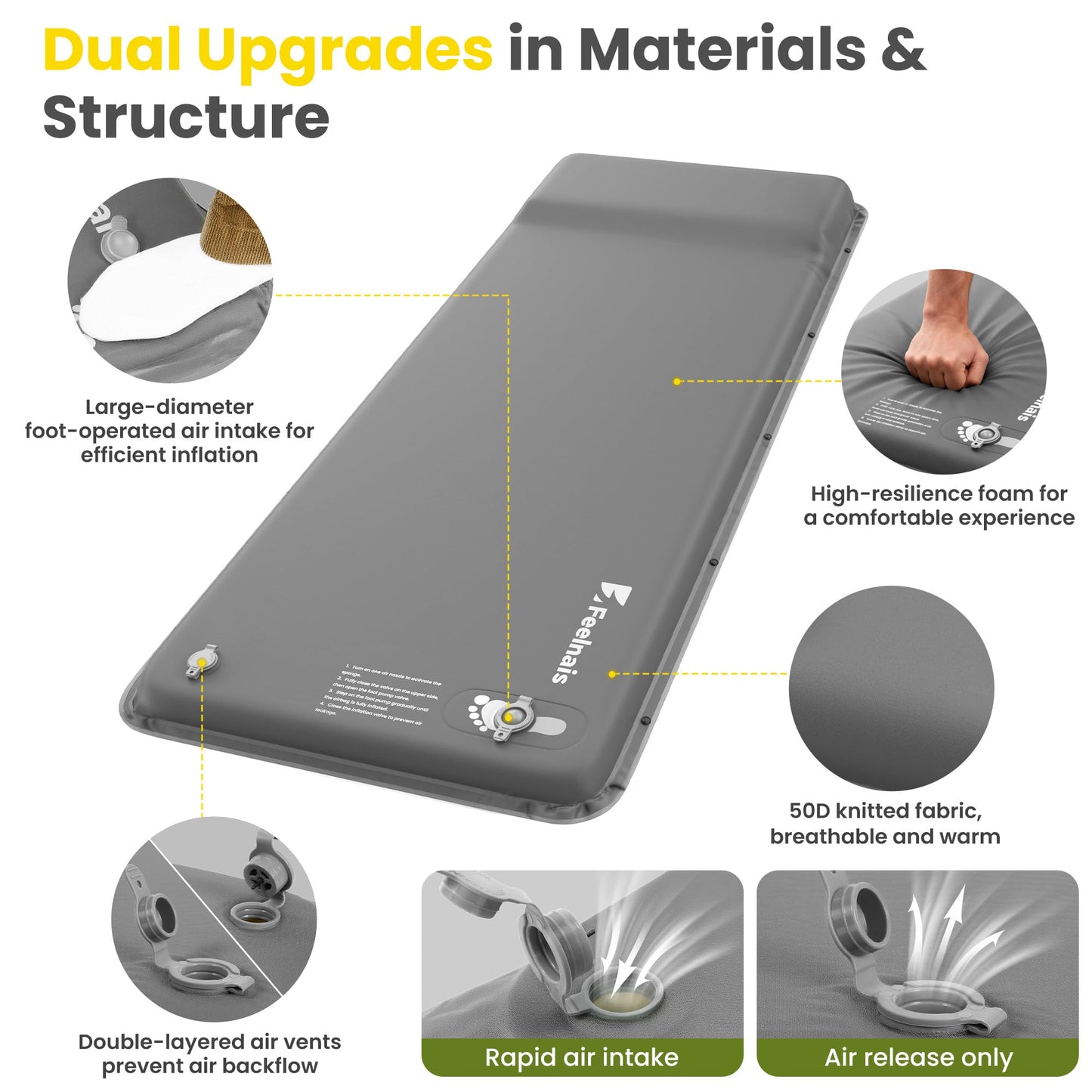 Feelnais Self Inflating Sleeping Pad, Memory Foam Camping Pad with Foot Pump, Memory Foam Mattress with Pillow, 4 Season Camping Mattress Pad, Camping Essentials Gear for Tent/Car/Camp - Grey