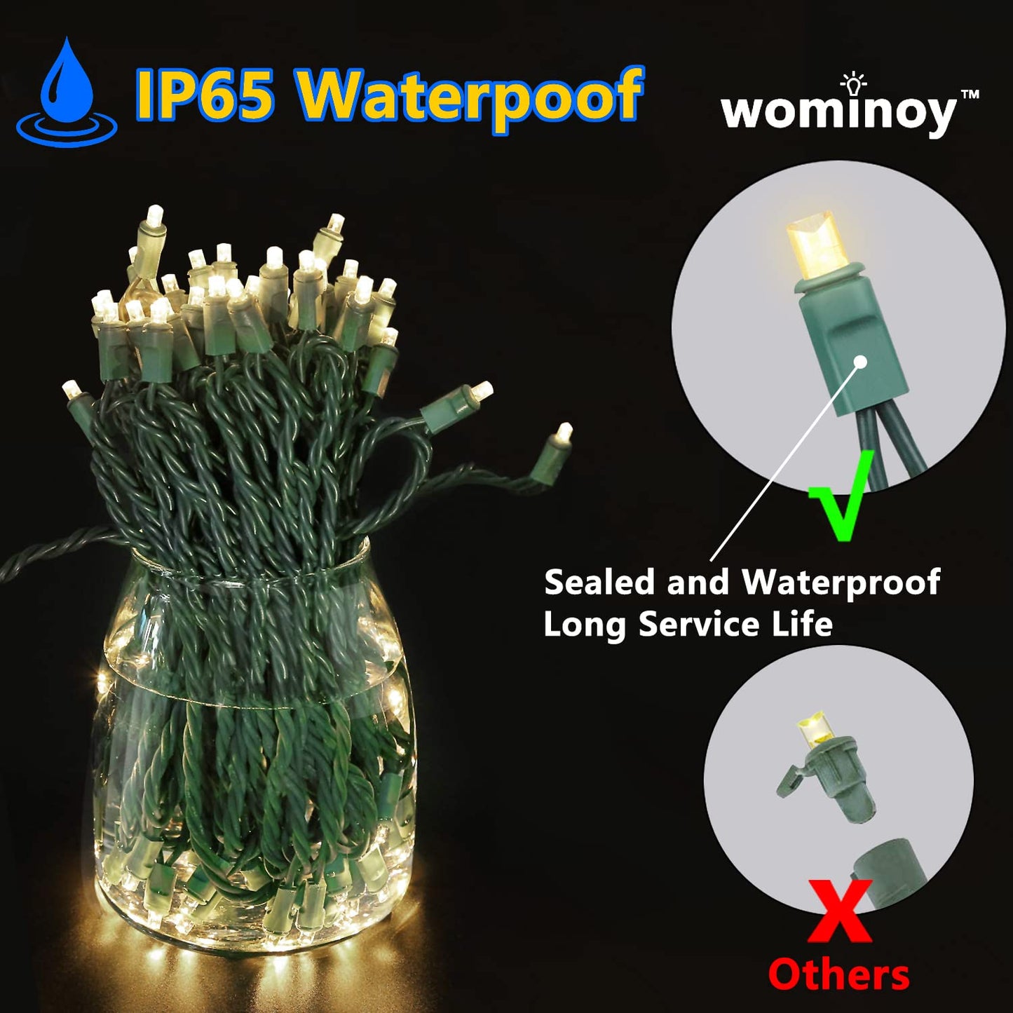 Wominoy 25ft 50 Counts Warm White LED Christmas Lights - Commercial Grade Outdoor Waterproof, Green Wire, Xmas Tree Lights, IP:65, UL