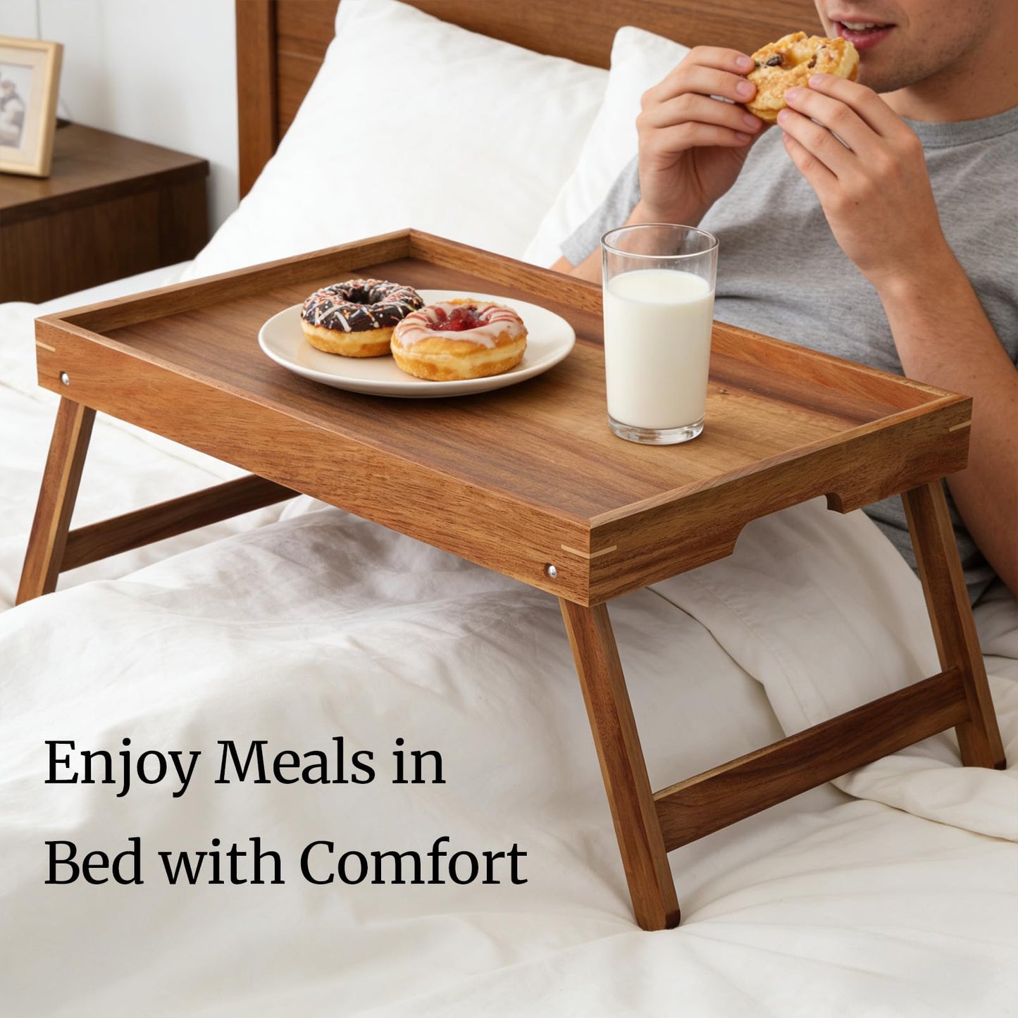 Fibogollo Acacia Wood Bed Tray Table with Folding Legs,Breakfast Trays with Built-in Handles,Serving Tray for Food and Snack,Laptop Trays for Working